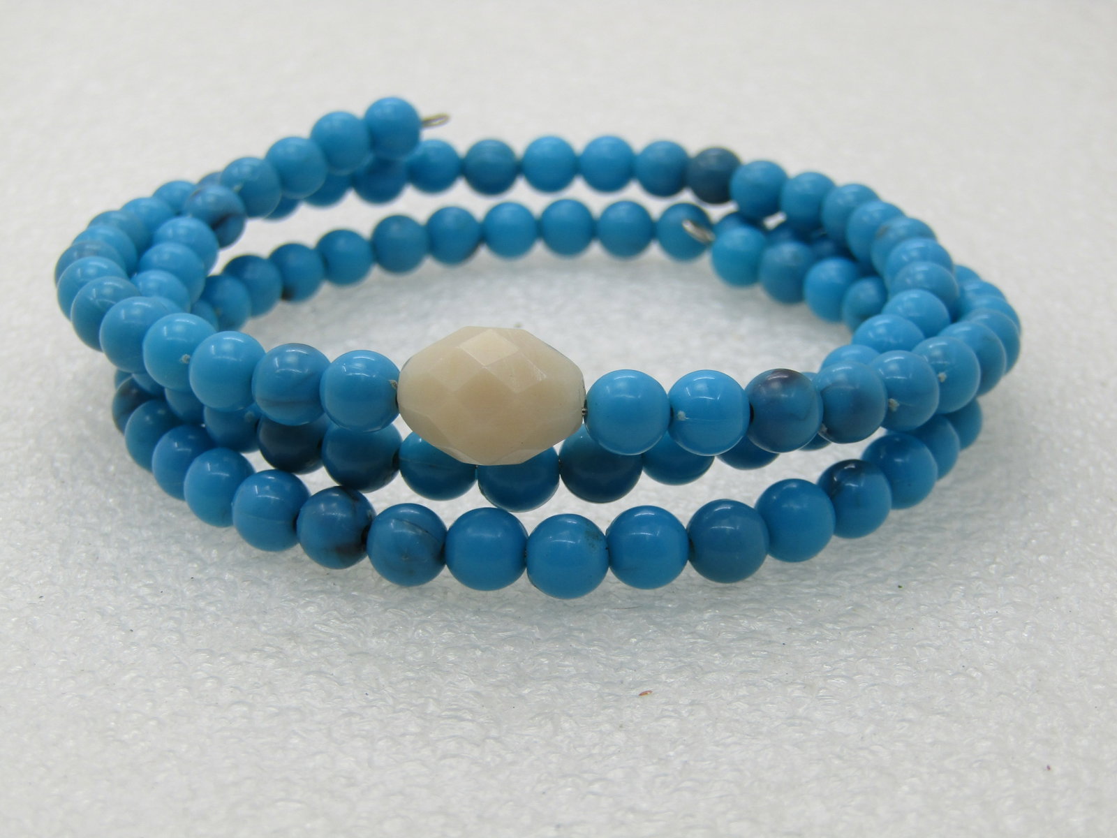 Vintage Turquoise Blue & White Beaded Coiled Bracelet, 7.75" - 2