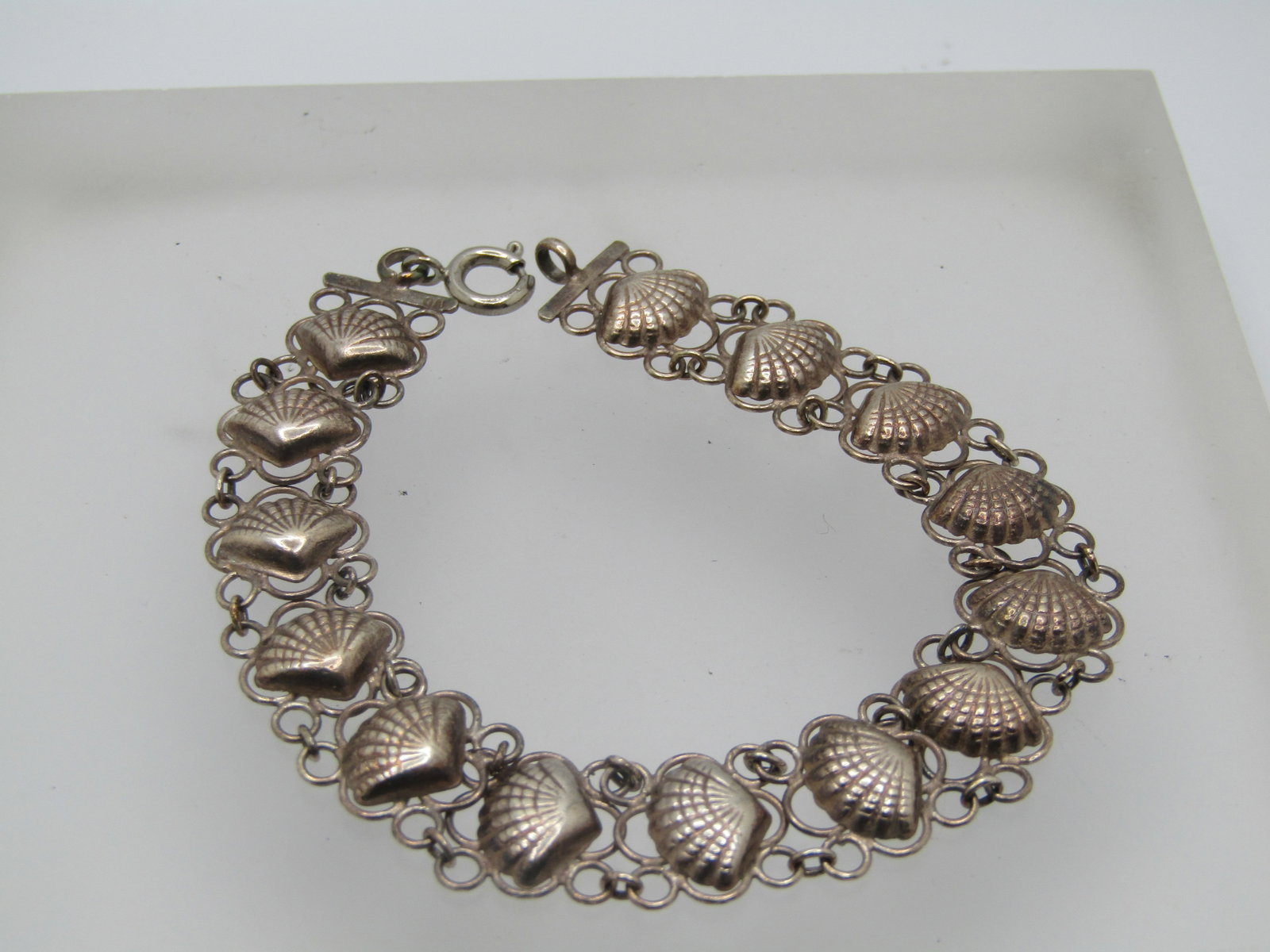 Vintage Sterling Seashell Filigree Bracelet, 7.5", 1940's-1950's (1 of 7)