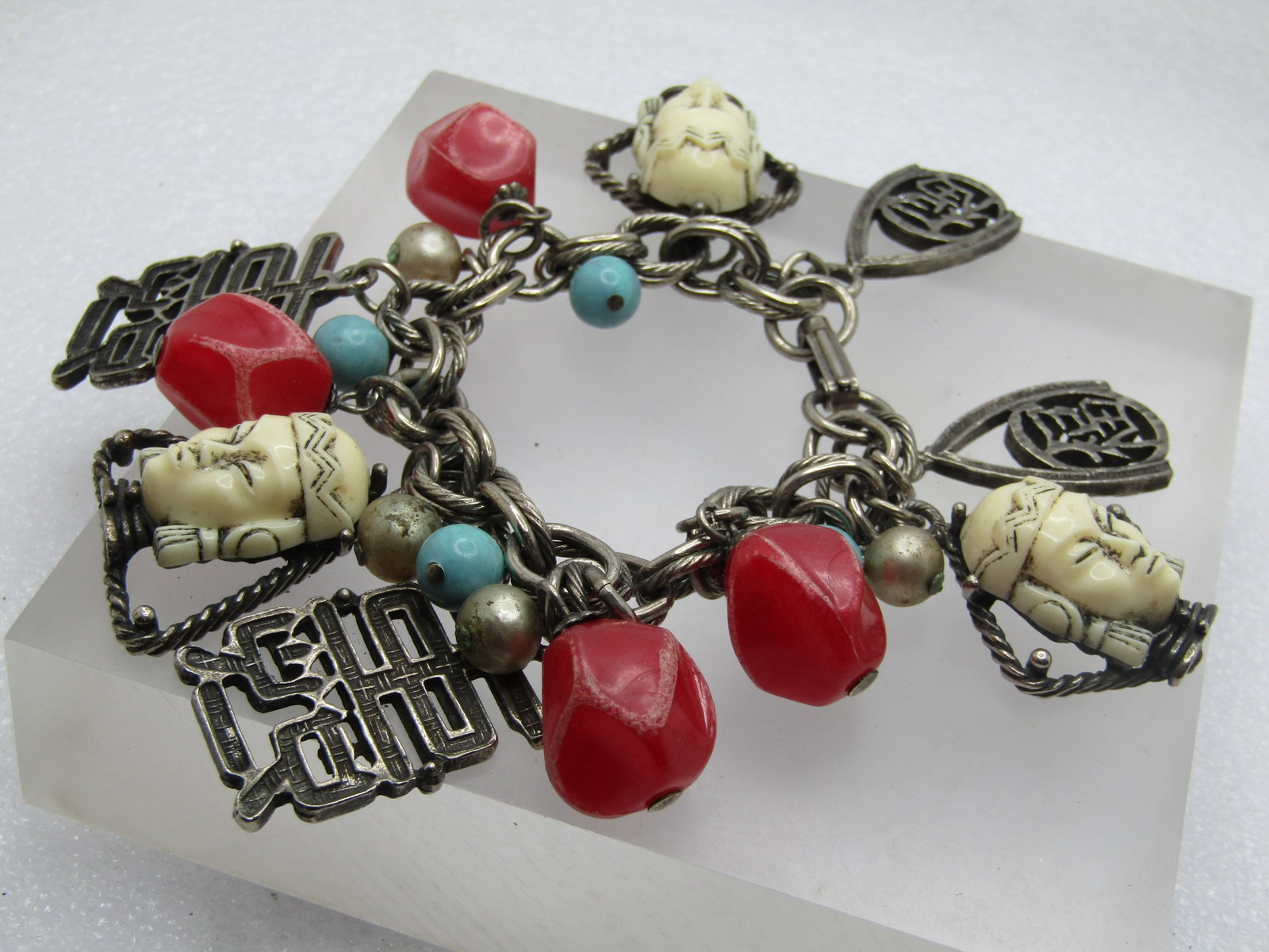 Vintage Asian Selini Charm Bracelet, Symobols & Faces, 7.5", Mid-Century - 3