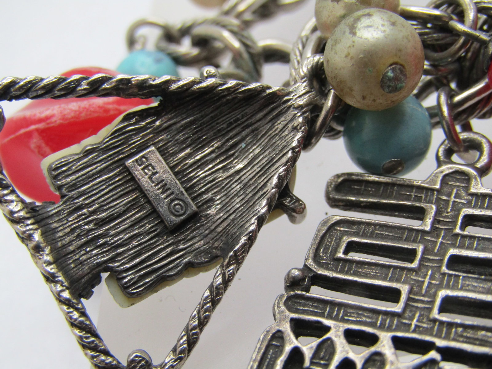 Vintage Asian Selini Charm Bracelet, Symobols & Faces, 7.5", Mid-Century - 4