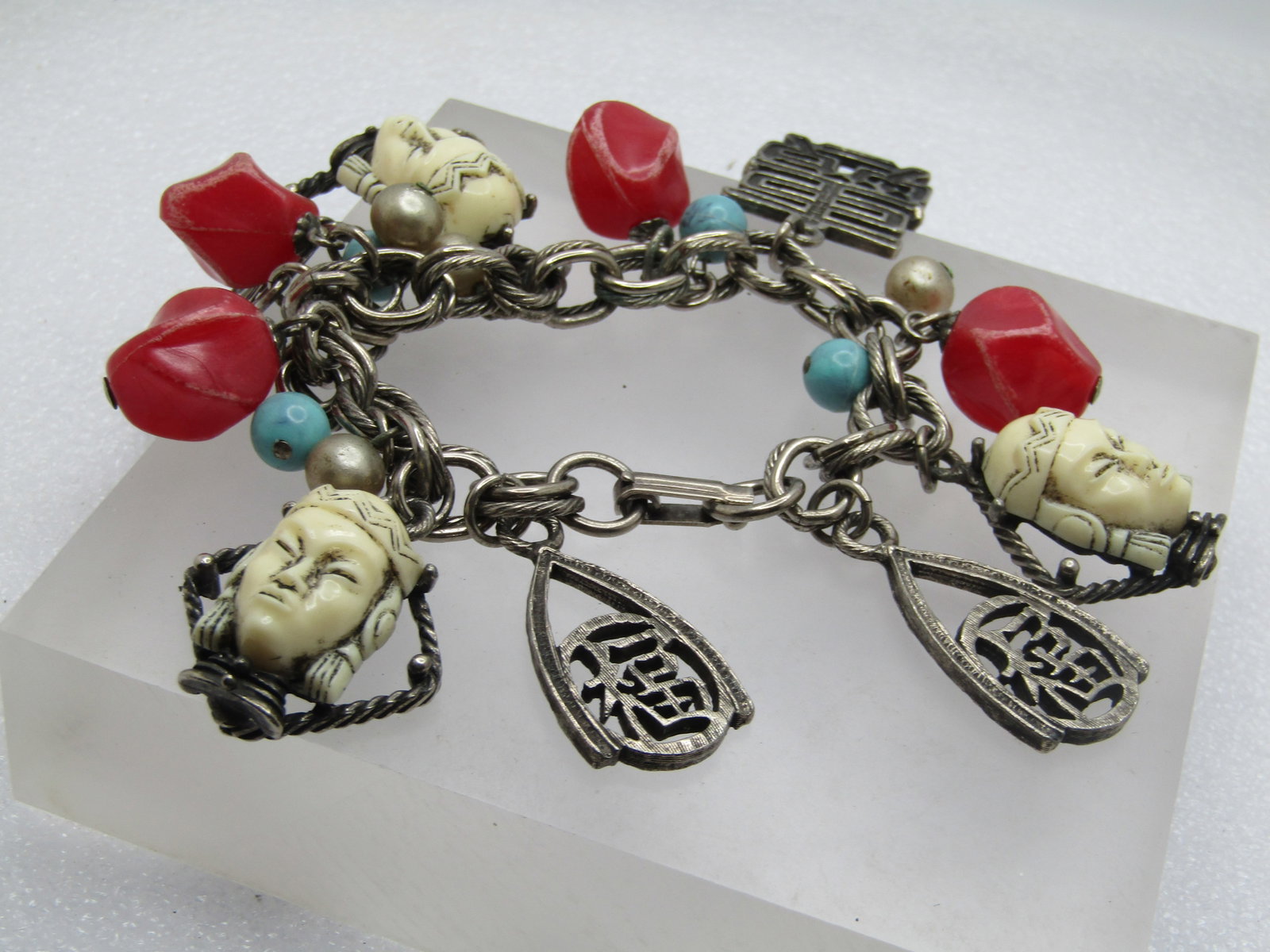 Vintage Asian Selini Charm Bracelet, Symobols & Faces, 7.5", Mid-Century - 5