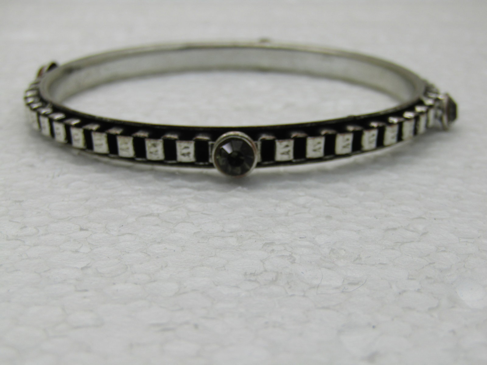 Vintage Box Link & Smoky Rhinestone Bangle Bracelet, 8.25", Silver Tone - 2