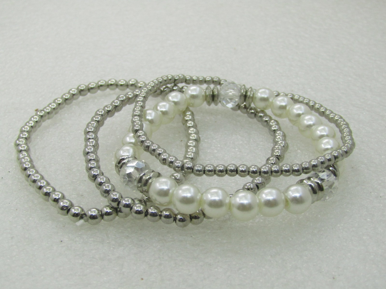 4 Silver Beaded Faux Pearl Stretch Bracelets, 7" and under (1 of 6)