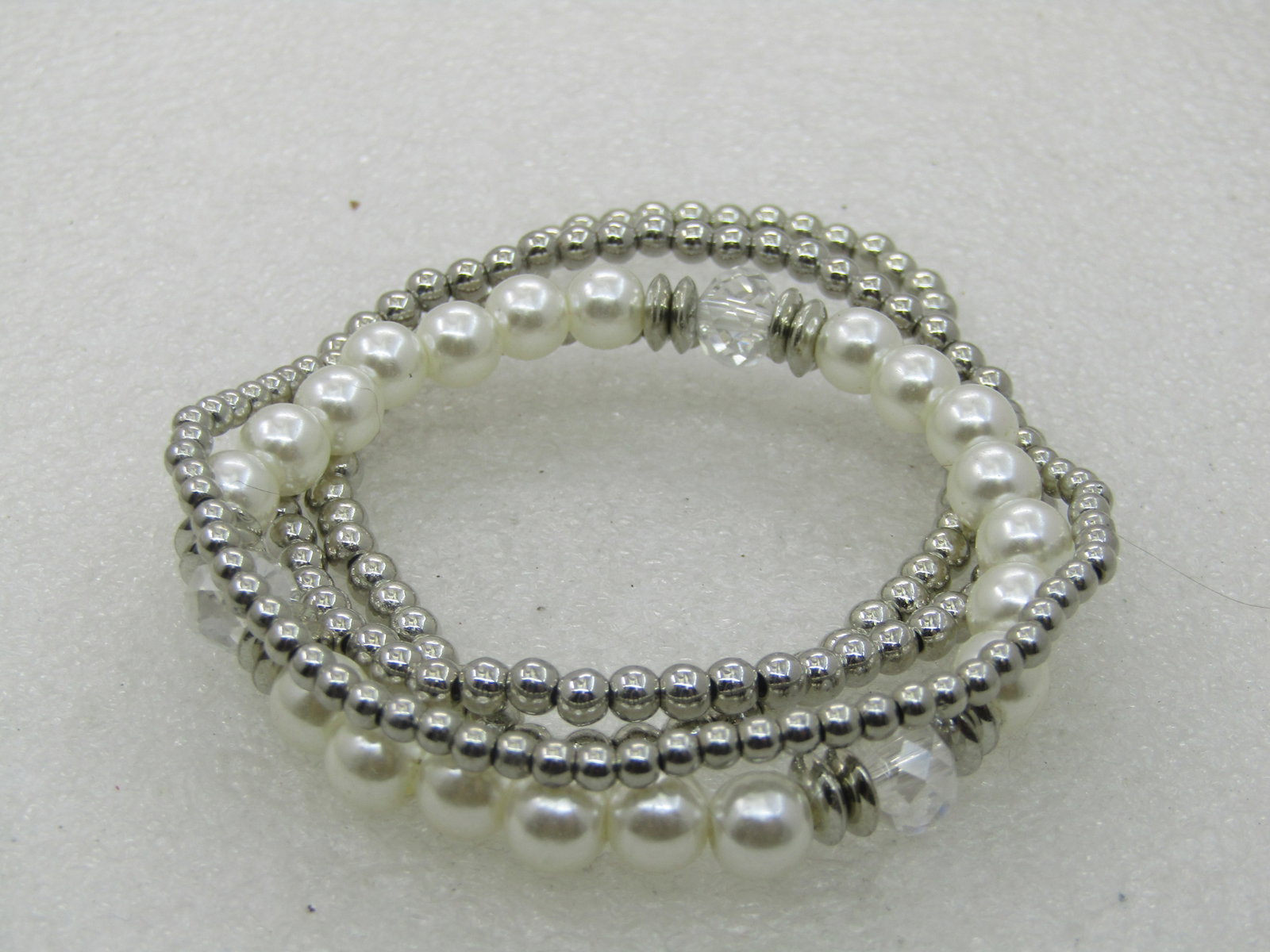 4 Silver Beaded Faux Pearl Stretch Bracelets, 7" and under - 4