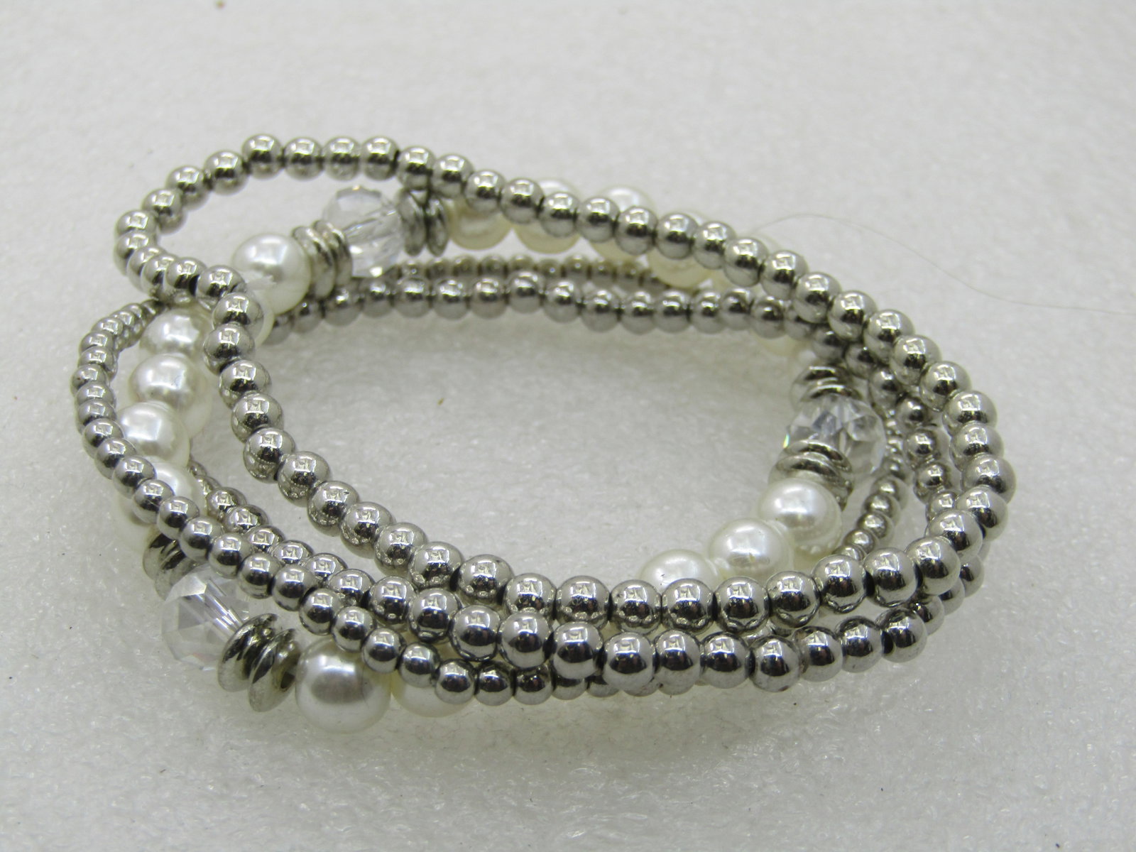 4 Silver Beaded Faux Pearl Stretch Bracelets, 7" and under - 5
