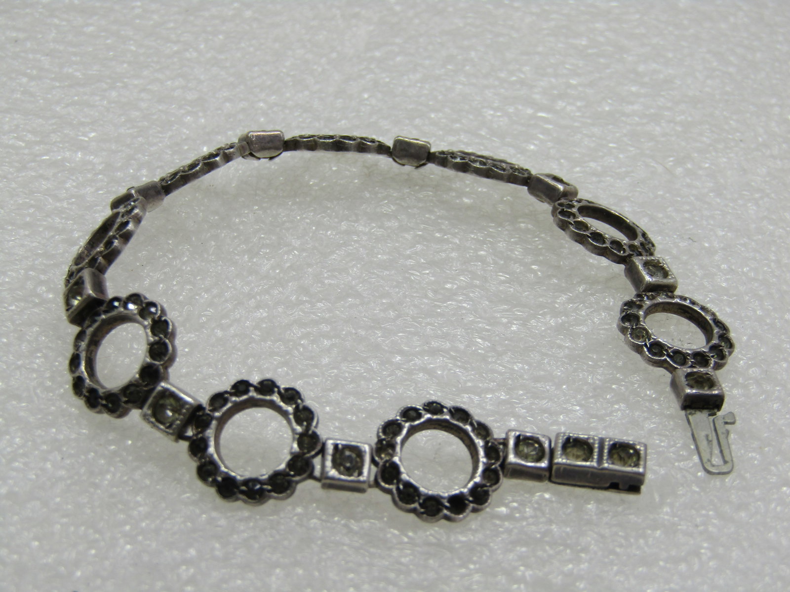 Vintage Sterling Art Deco Rhinestone Circle Link Bracelet, 6.75", signed Payco, 1920's - 3
