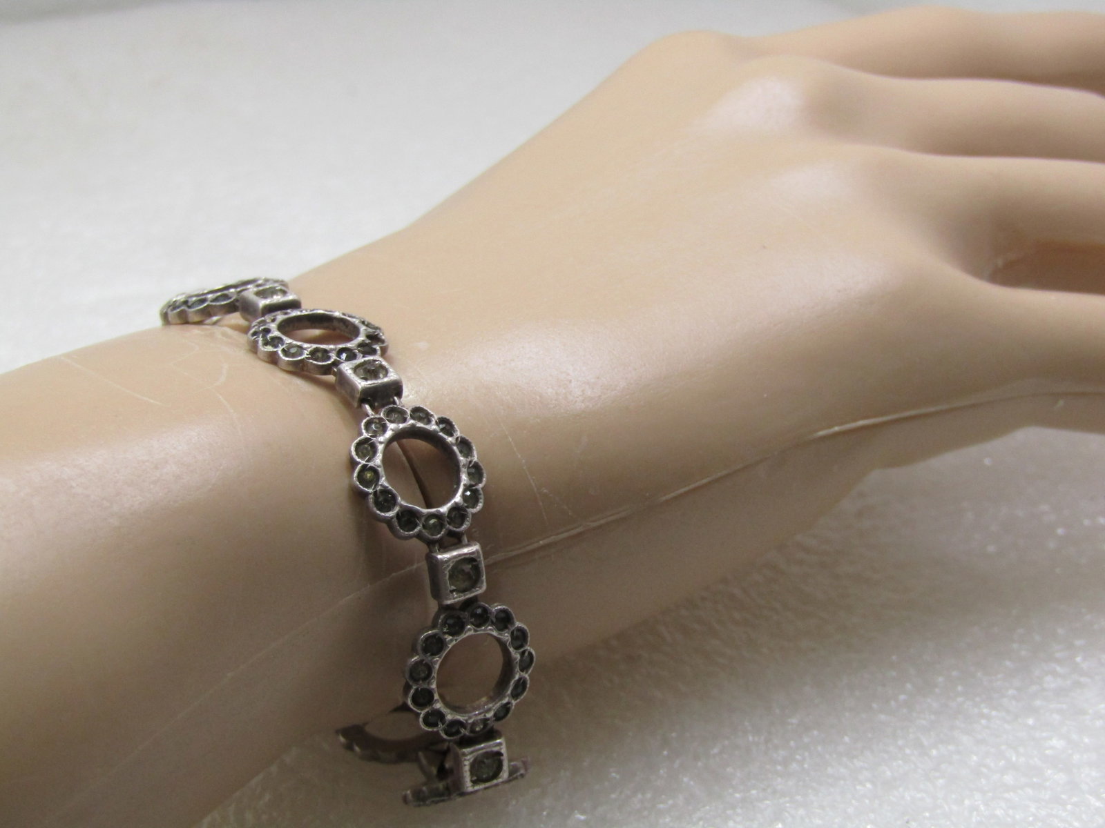 Vintage Sterling Art Deco Rhinestone Circle Link Bracelet, 6.75", signed Payco, 1920's - 6