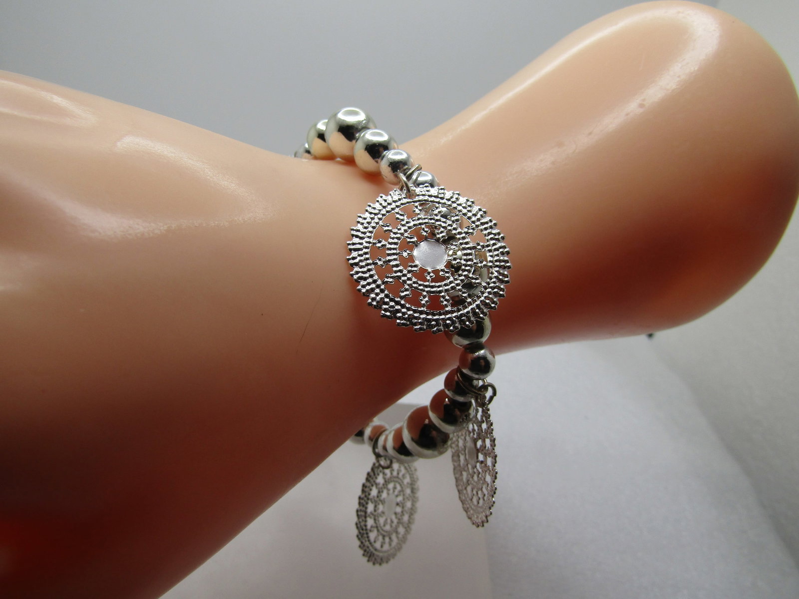 Silver Tone Beaded Bracelet, Filigree Drops, 8", 2000's, Signed (1 of 6)