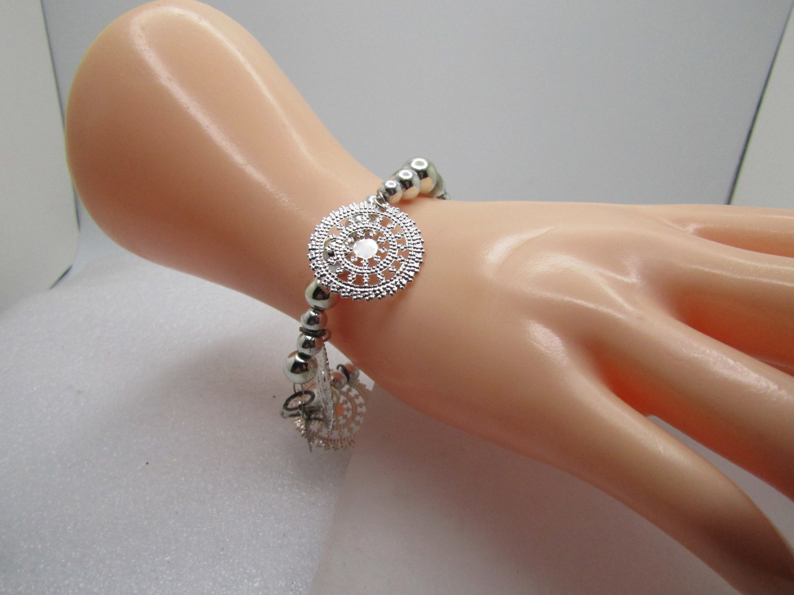 Silver Tone Beaded Bracelet, Filigree Drops, 8", 2000's, Signed - 3