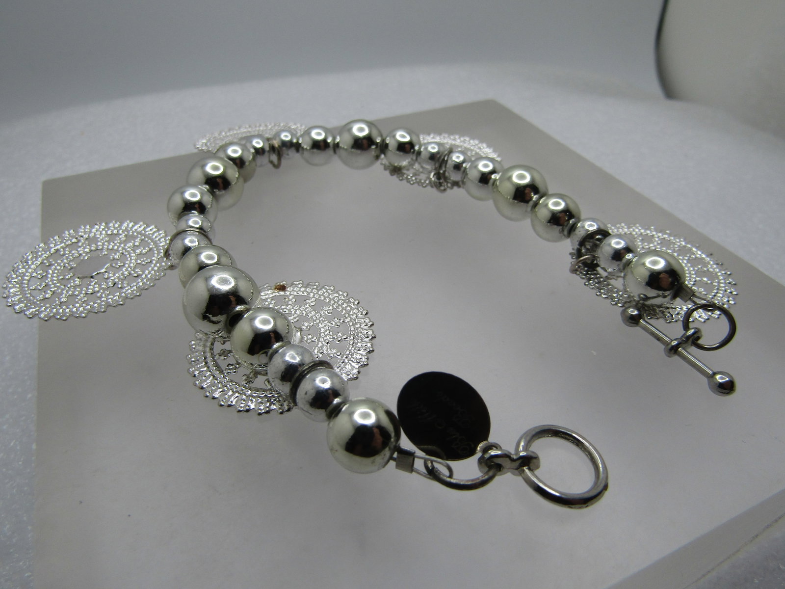 Silver Tone Beaded Bracelet, Filigree Drops, 8", 2000's, Signed - 4