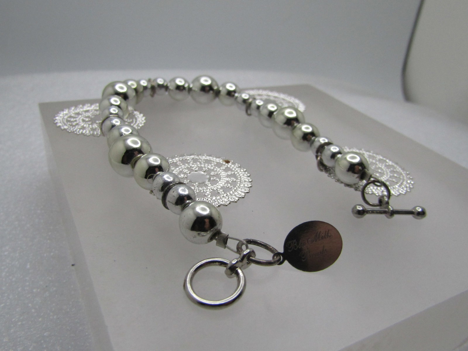 Silver Tone Beaded Bracelet, Filigree Drops, 8", 2000's, Signed - 6