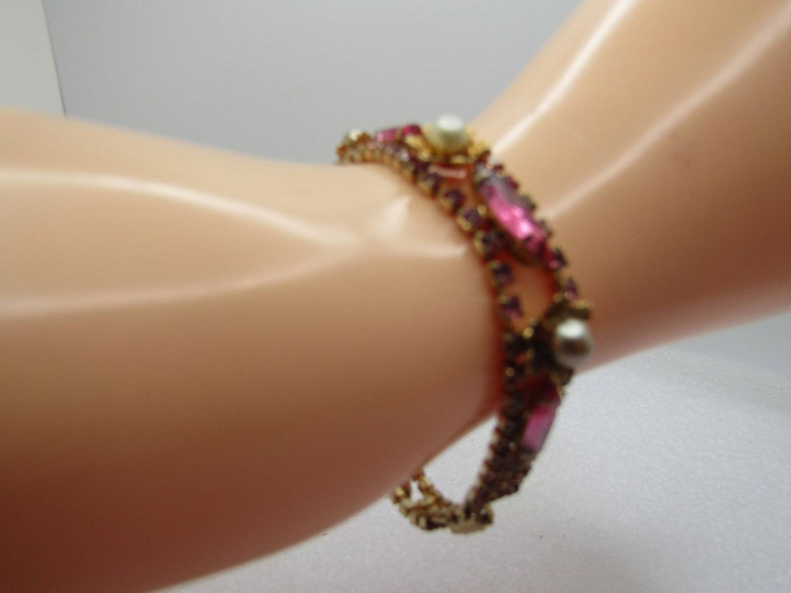 Vintage Pink Rhinestone Faux Pearl Bracelet & Earrings Set, 1940's, 6.75" - 7