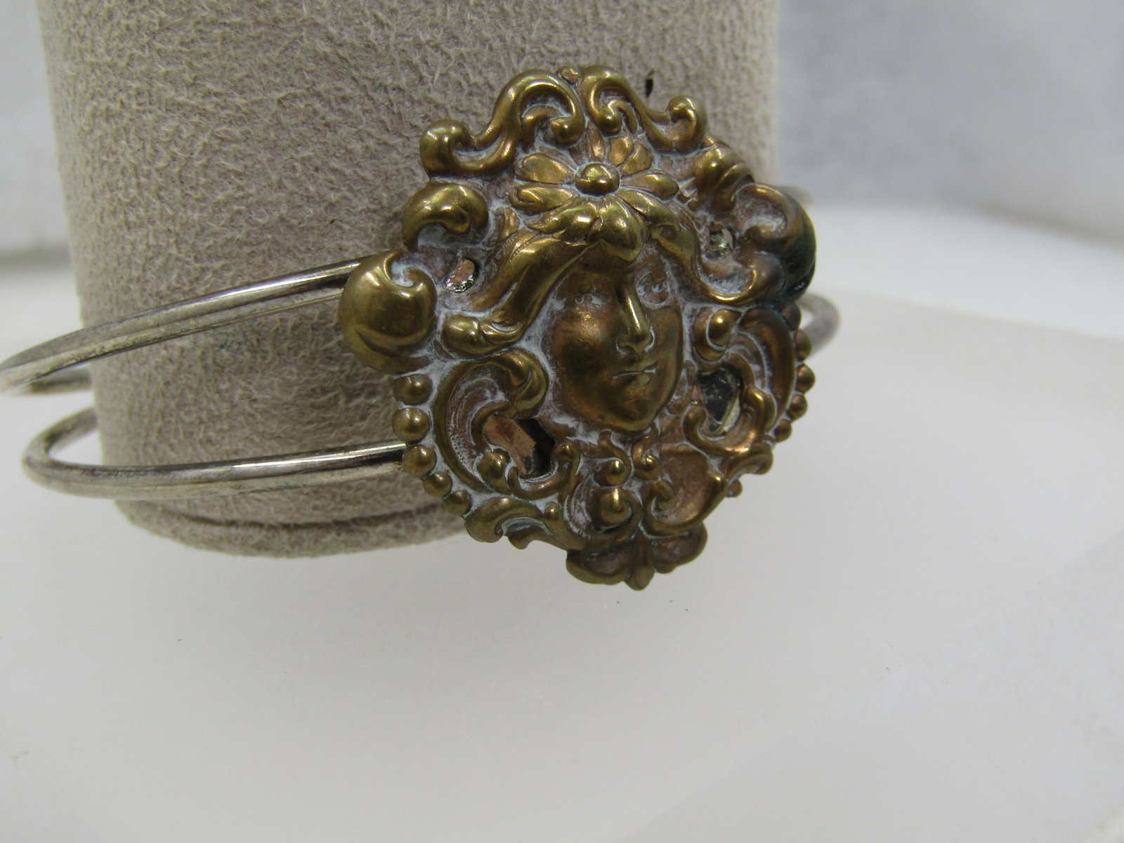 Art Nouveau Themed Cuff Bracelet, 6.5" Brass & Silver Tone - 2