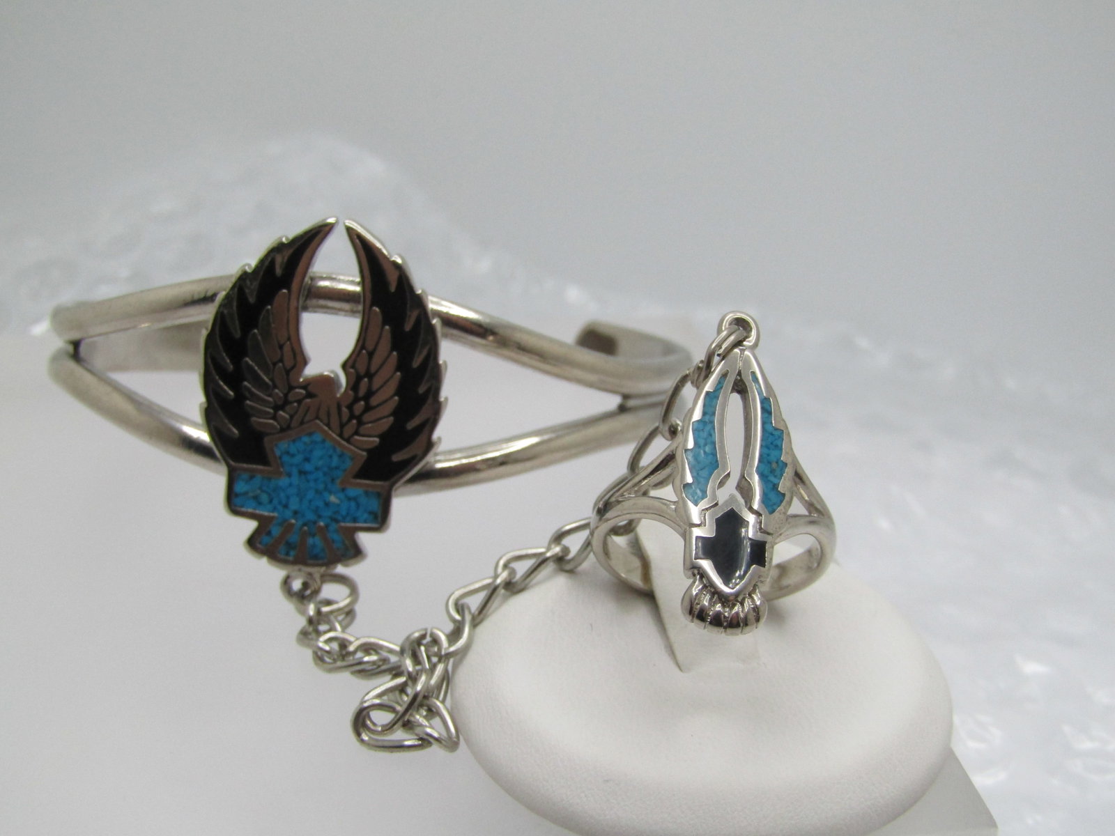 Vintage Enameled & Turquoise Chip Biker Bracelet with Attached Ring, 7" and Sz. 5.75 - 2