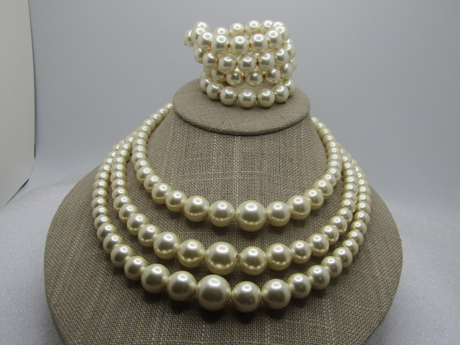 Vintage Graduated Faux Pearl Necklace & Coiled Bracelet, 1940's, 16" - 2