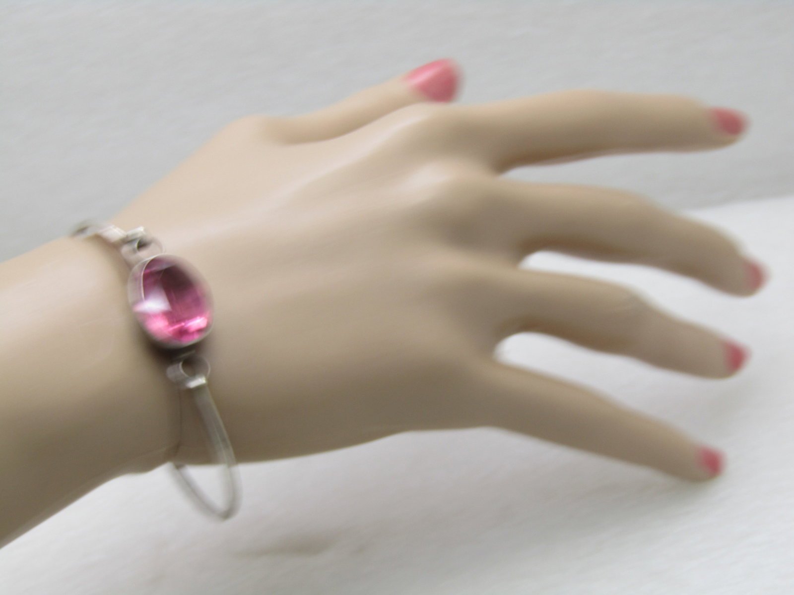 Vintage Sterling Silver Pink CZ Bangle Bracelet, Top Hook, 7", 10.25 grams, 1960's - 5