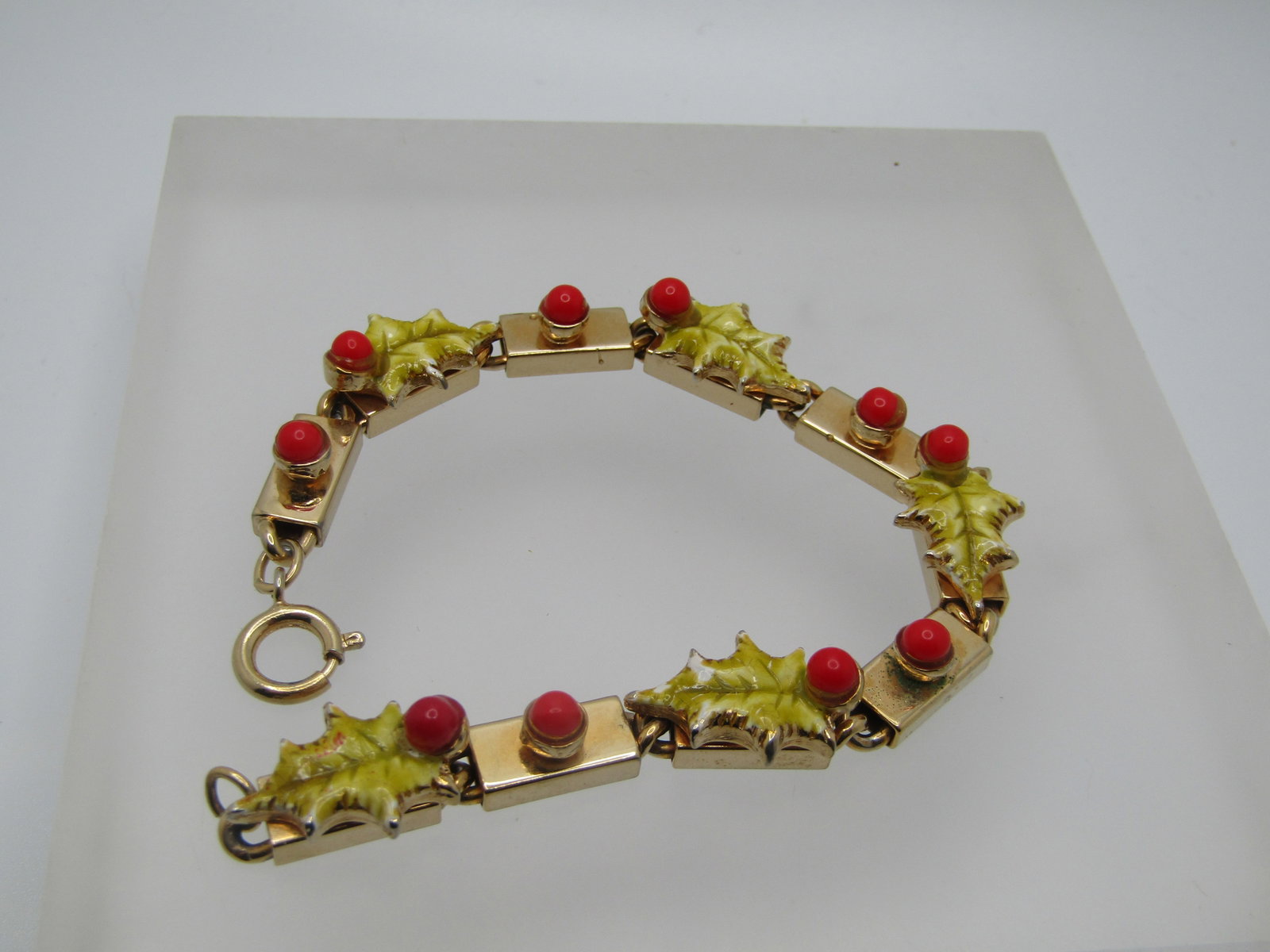 Vintage Enameled Holly & Berry Bracelet, 7", 1960's-1970's - 2