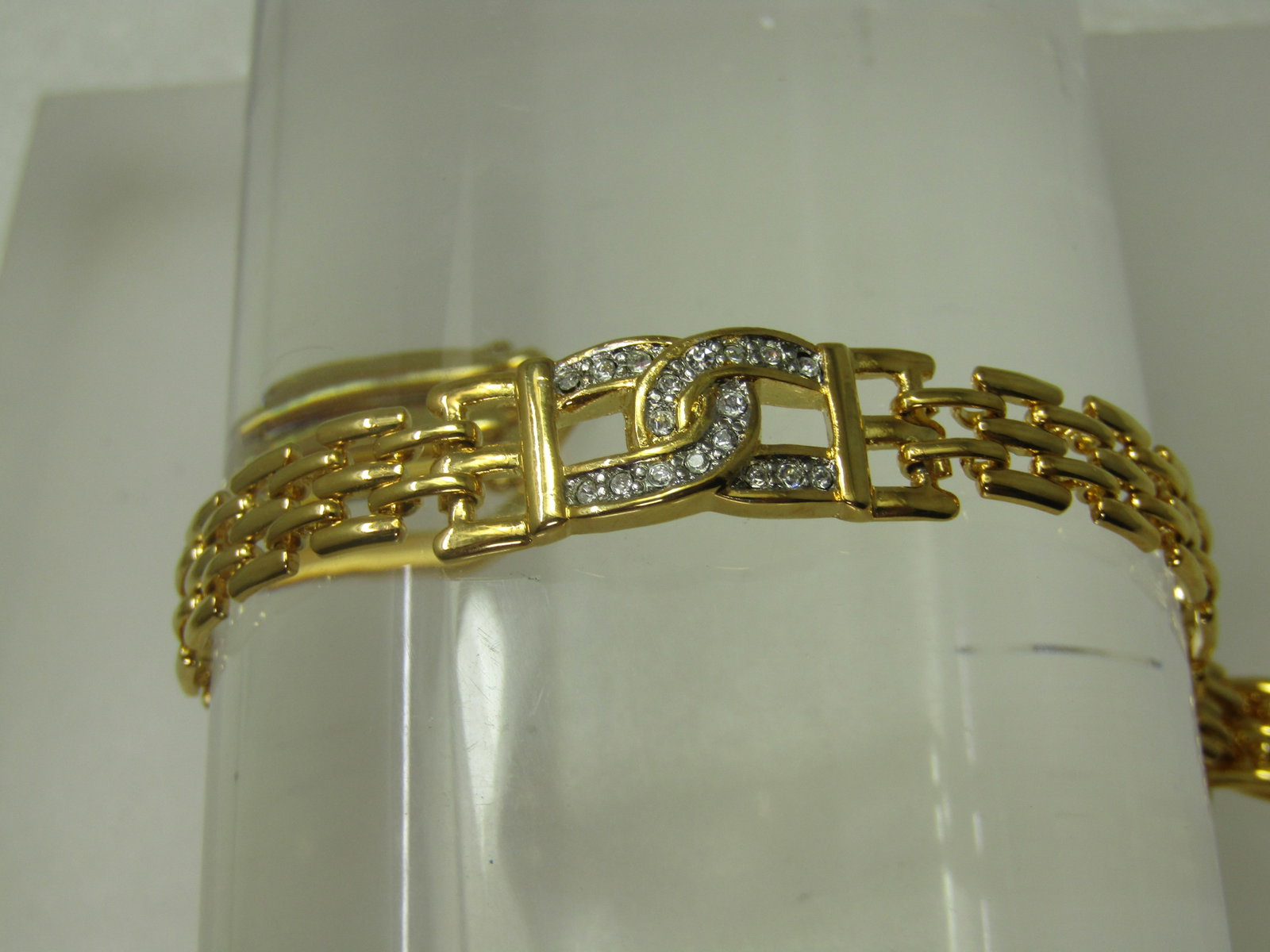 Vintage Woven Bracelet, Double Rhinestone Horseshoe Accent, 7.25" - 2