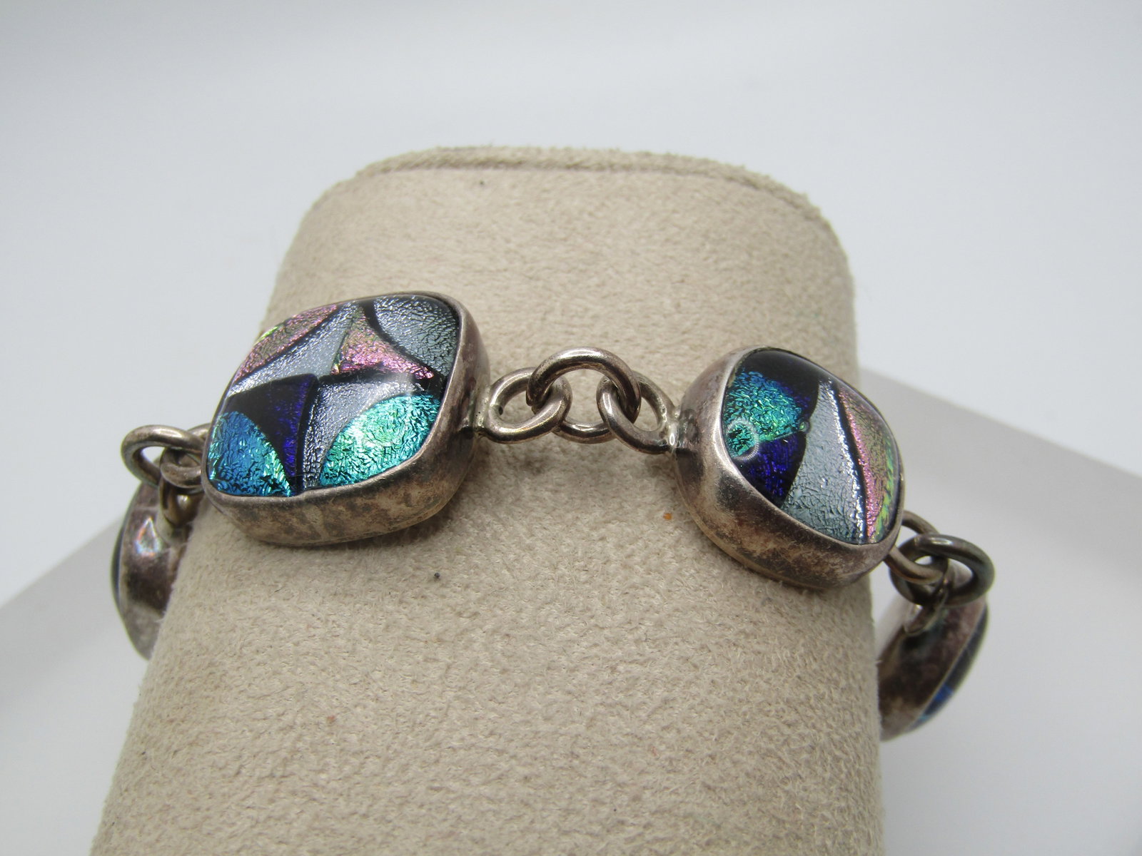 Vintage Sterling Glitter Glass Chunky Bracelet, 8" - Toggle Clasp, Unisex - 2