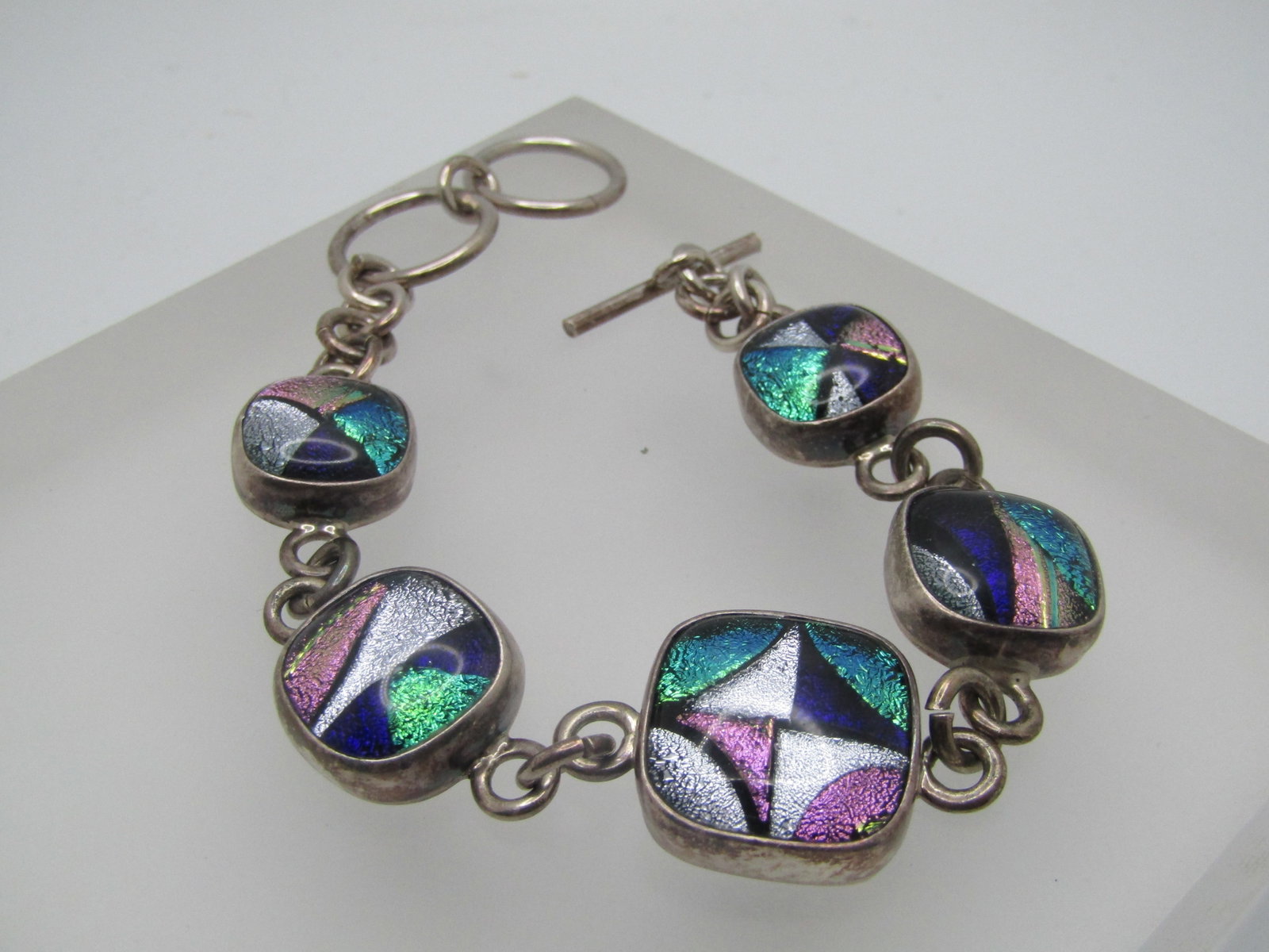 Vintage Sterling Glitter Glass Chunky Bracelet, 8" - Toggle Clasp, Unisex - 3