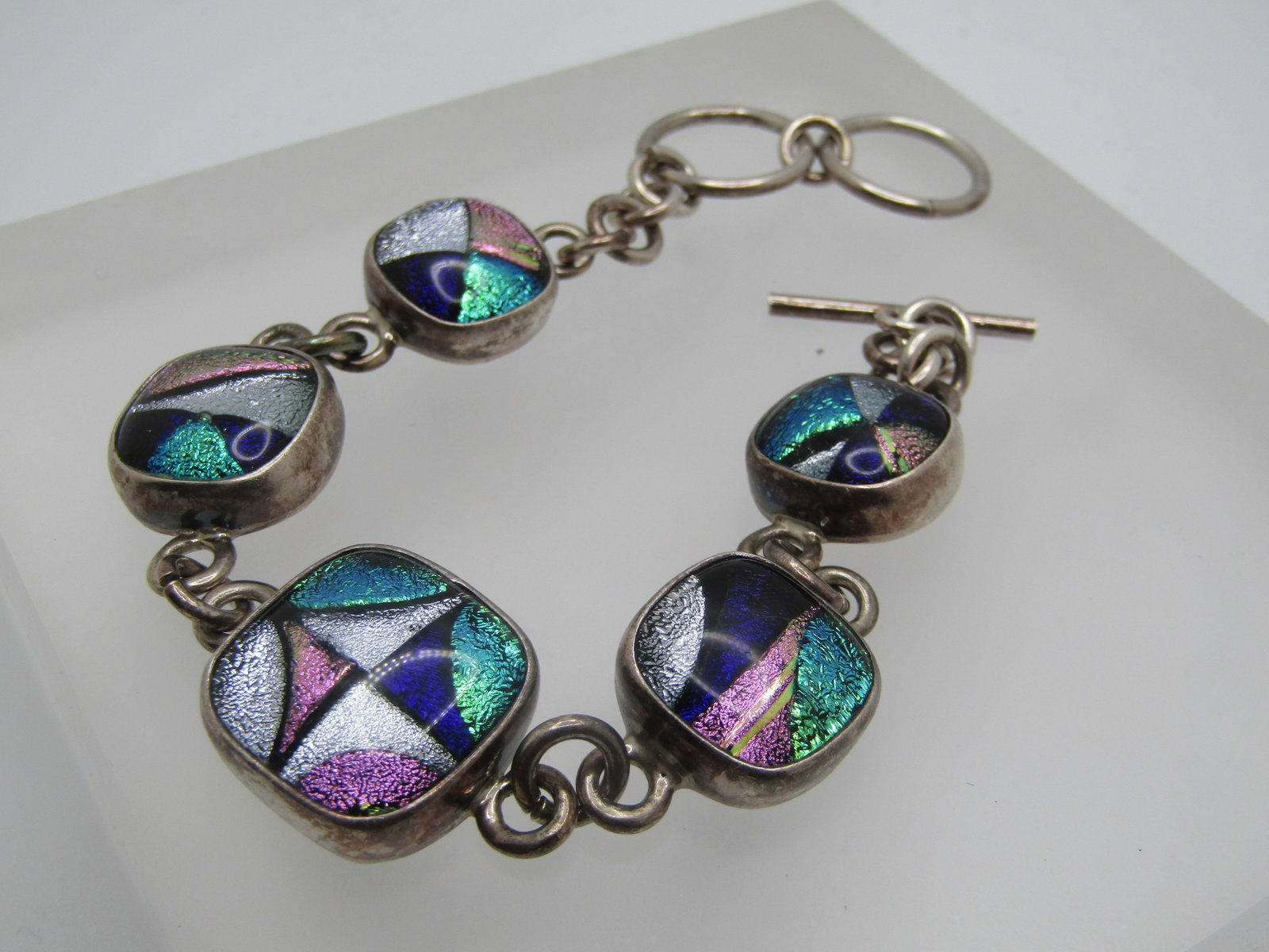 Vintage Sterling Glitter Glass Chunky Bracelet, 8" - Toggle Clasp, Unisex - 4