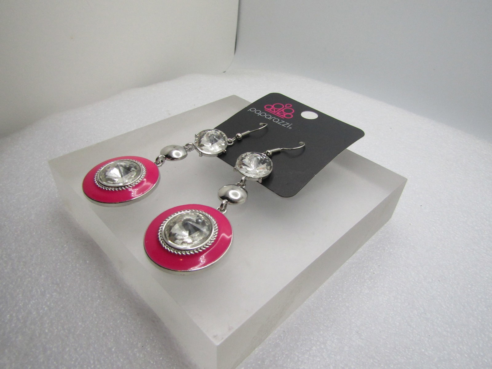 Pink Enameled & Rhinestone Necklace, Bracelet, Earrings, & Ring, Paparazi, New-on-Card, 2000 and - 2