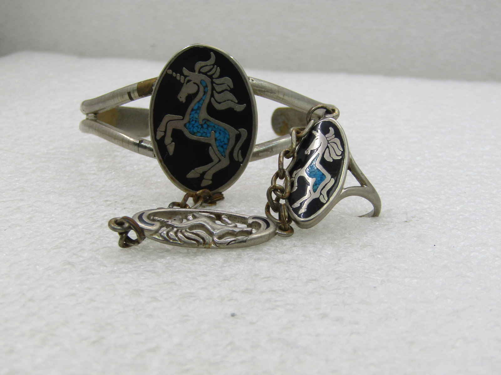 Vintage Inlaid Unicorn Bracelet/Ring Biker Set - Chain Connects Ring/Bracelet, 1980's NL - 2