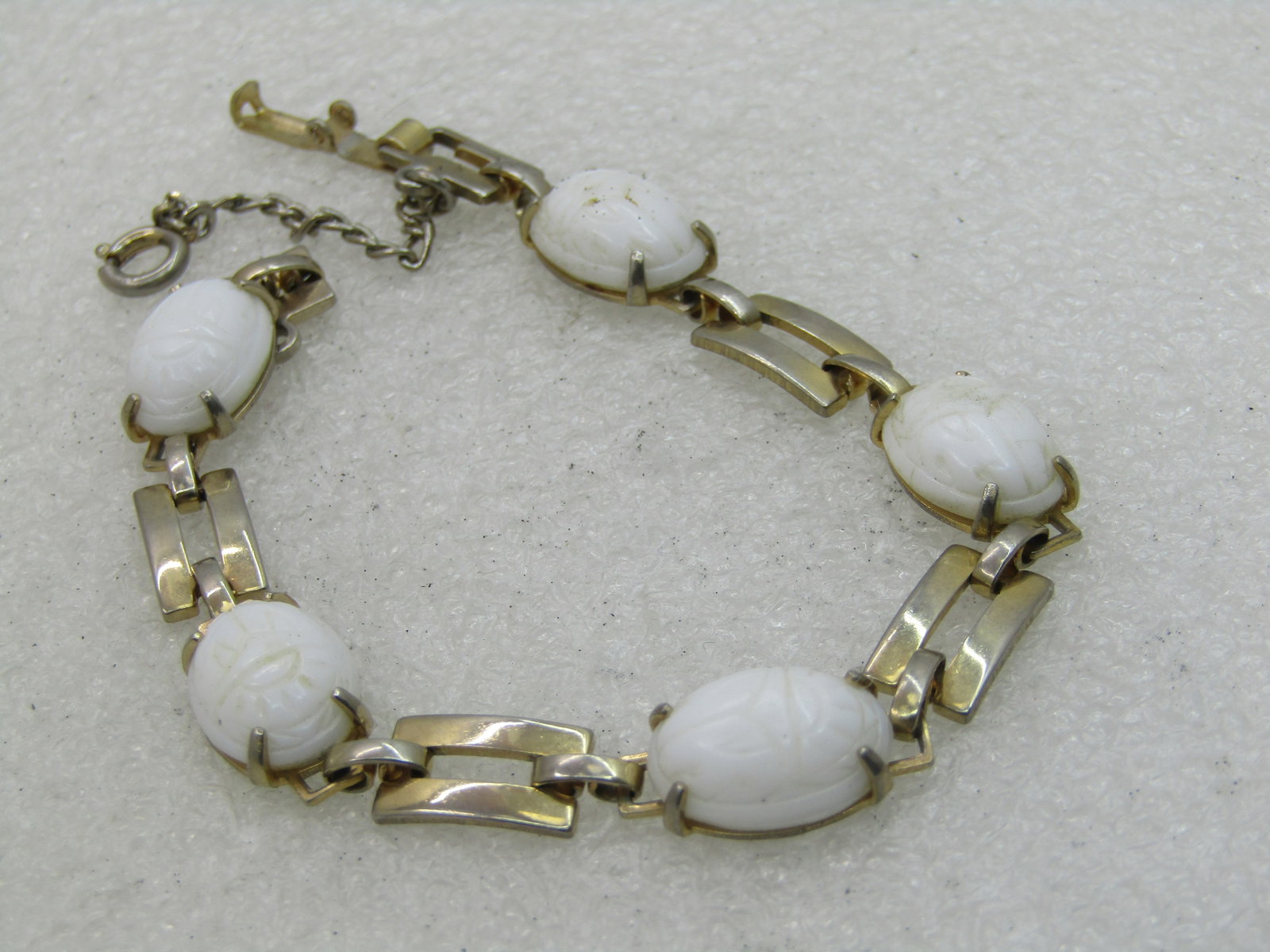 Vintage White Scarab Bracelet, 7.25" Gold Tone, 1960's - 2