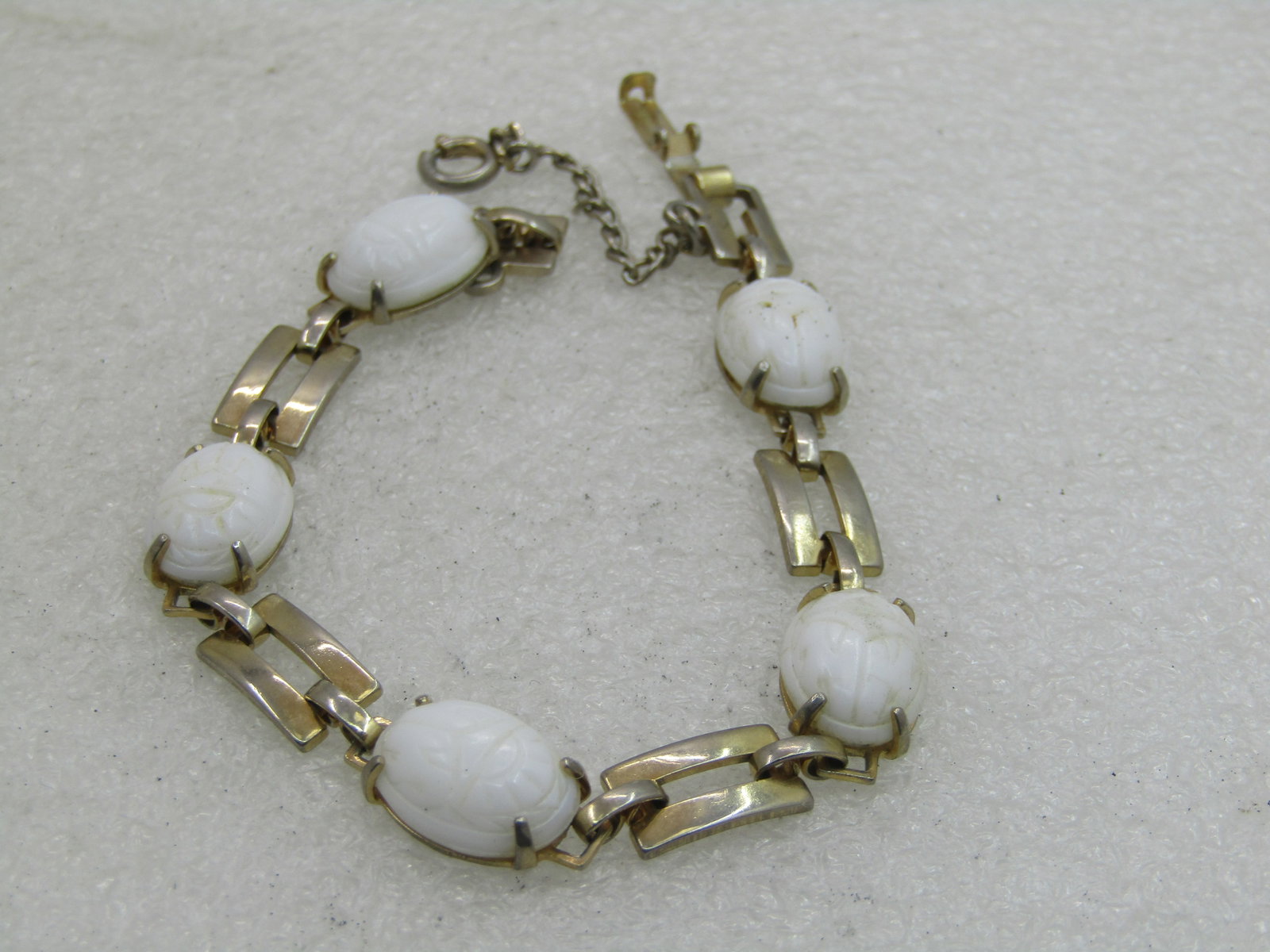 Vintage White Scarab Bracelet, 7.25" Gold Tone, 1960's - 3