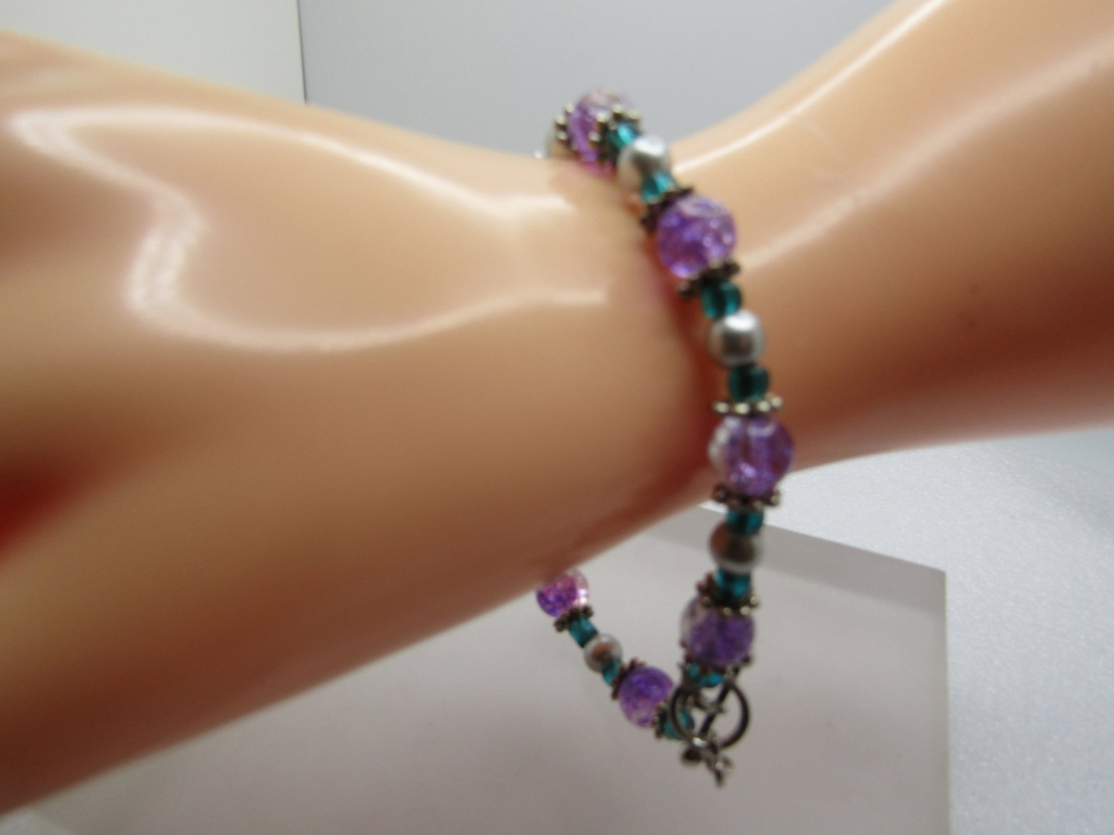 Purple, Green, Faux Pearl Beaded Bracelet, 9", Toggle Clasp, 1990's - 2