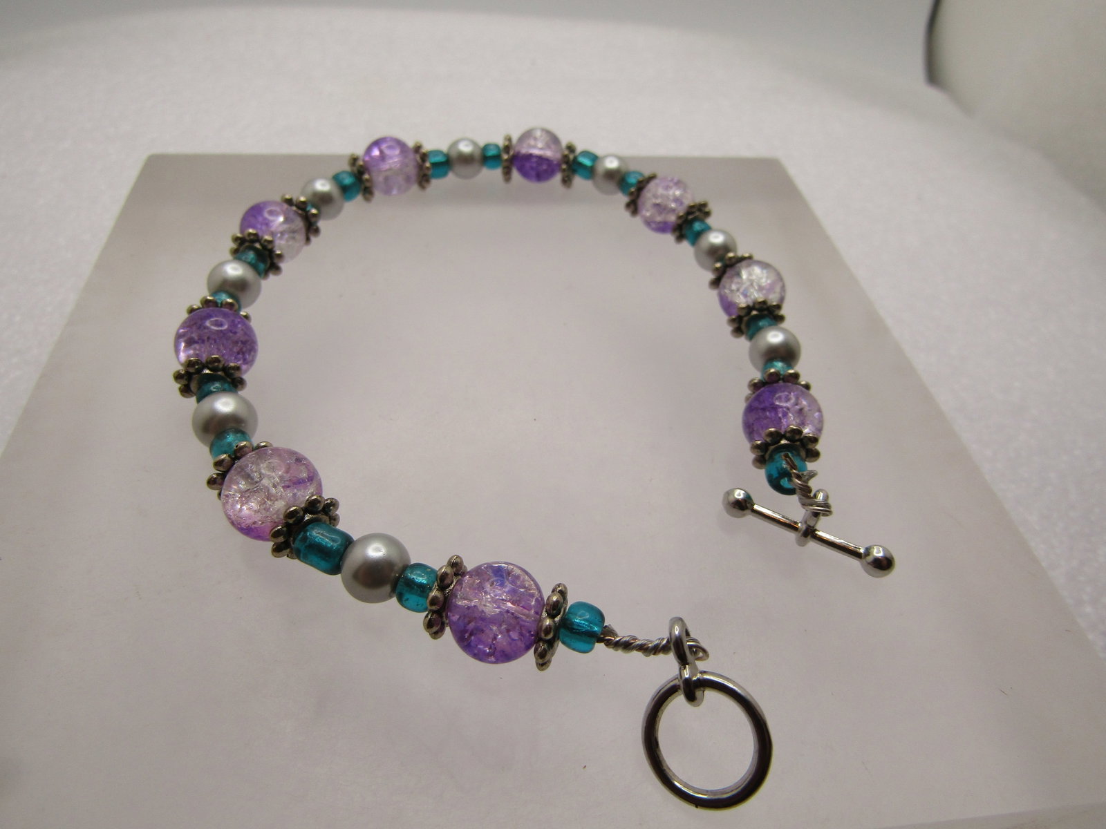 Purple, Green, Faux Pearl Beaded Bracelet, 9", Toggle Clasp, 1990's - 4