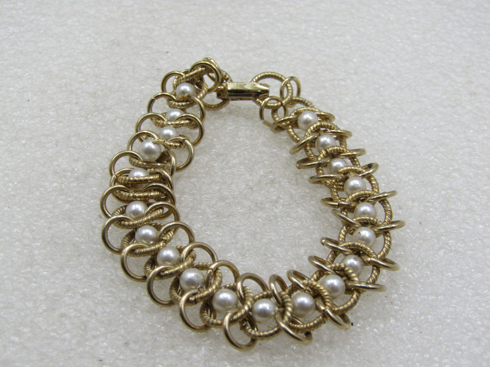 Vintage Faux Pearl Woven Link Bracelet, 6.75" - 2