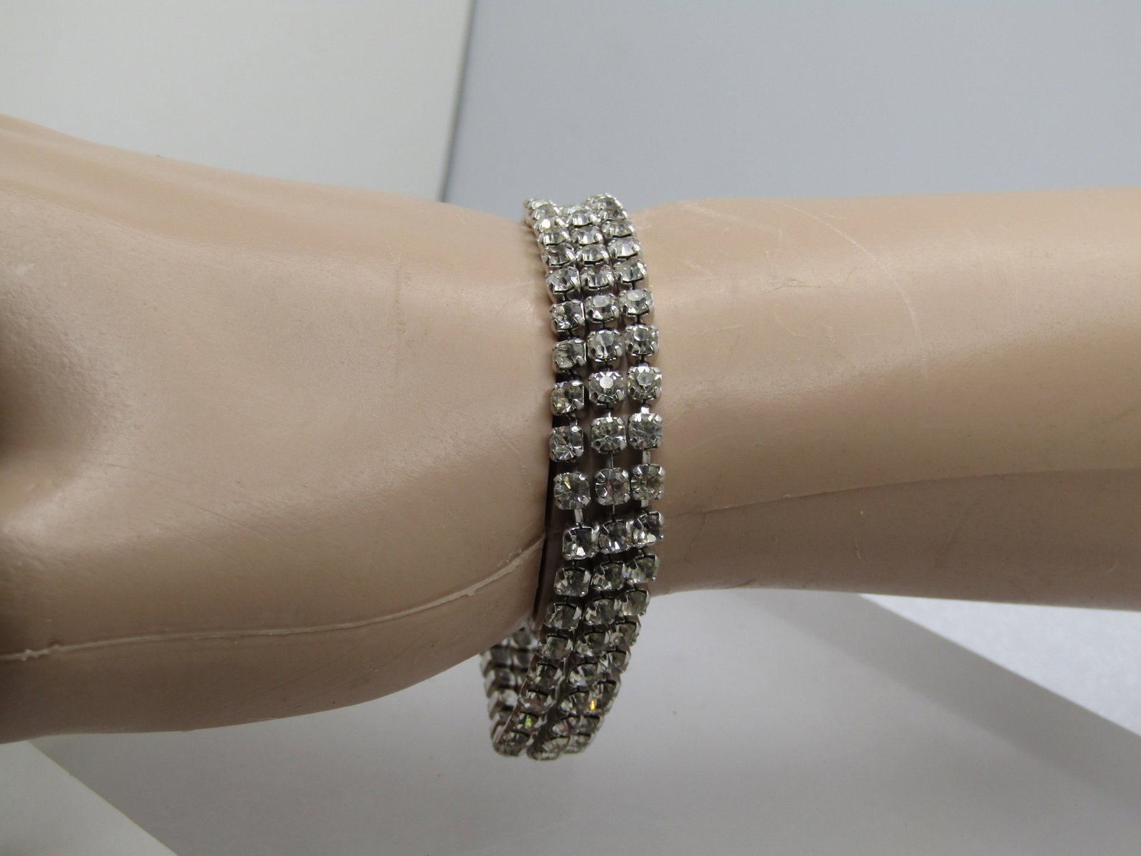 Vintage Clear Triple Row Rhinestone Bracelet, 6.5", 1960's - 2