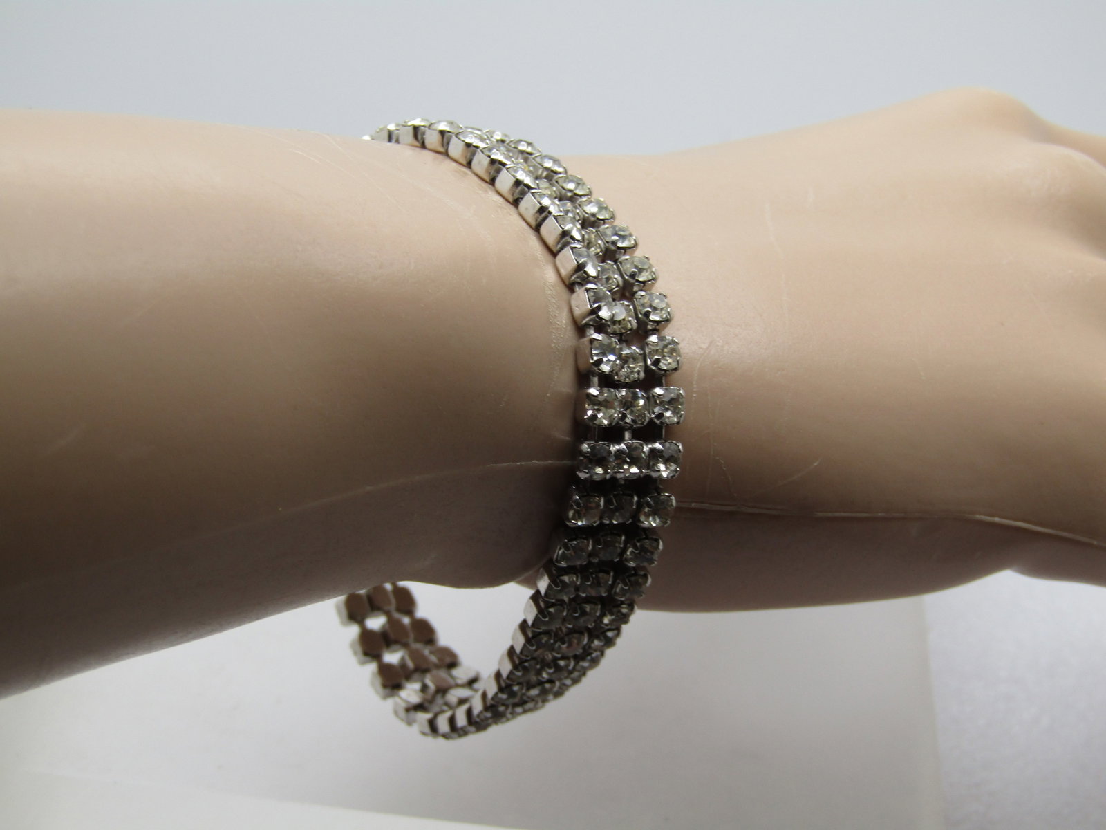 Vintage Clear Triple Row Rhinestone Bracelet, 6.5", 1960's - 3