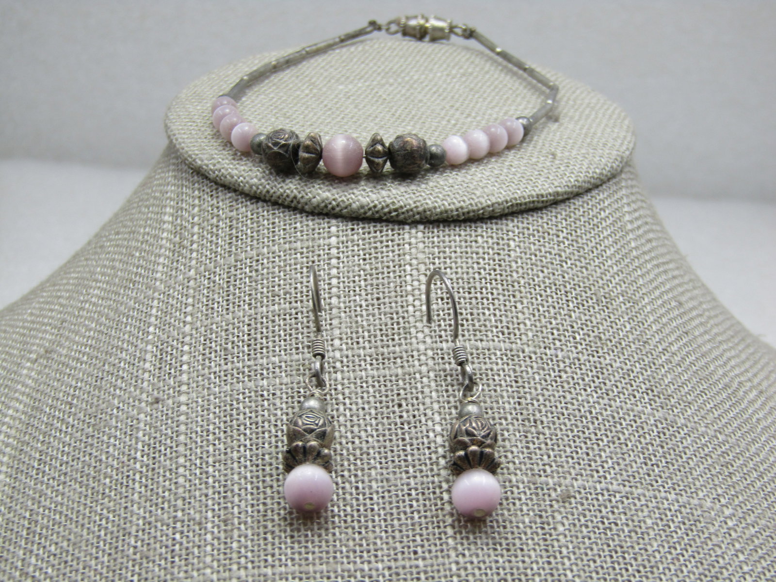 Vintage Boho Pink Moonstone Rose Beaded Bracelet, 7.5" - 2