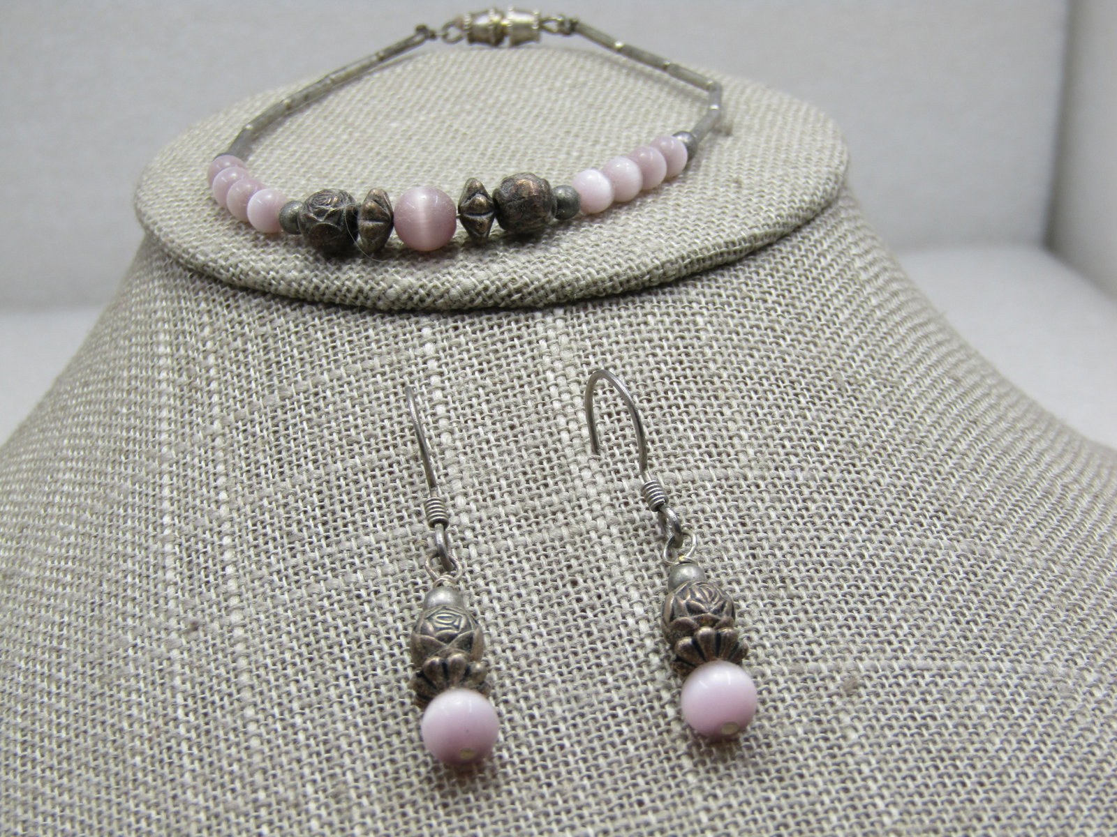 Vintage Boho Pink Moonstone Rose Beaded Bracelet, 7.5" - 3