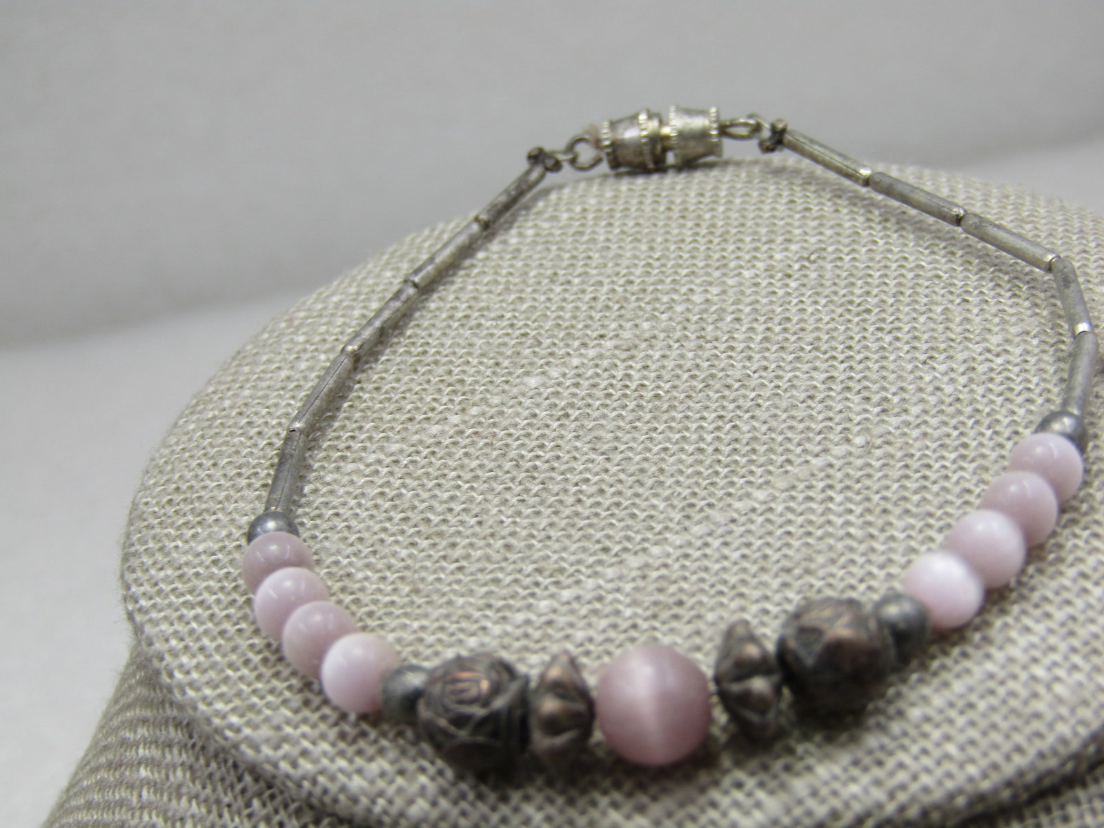 Vintage Boho Pink Moonstone Rose Beaded Bracelet, 7.5" - 5