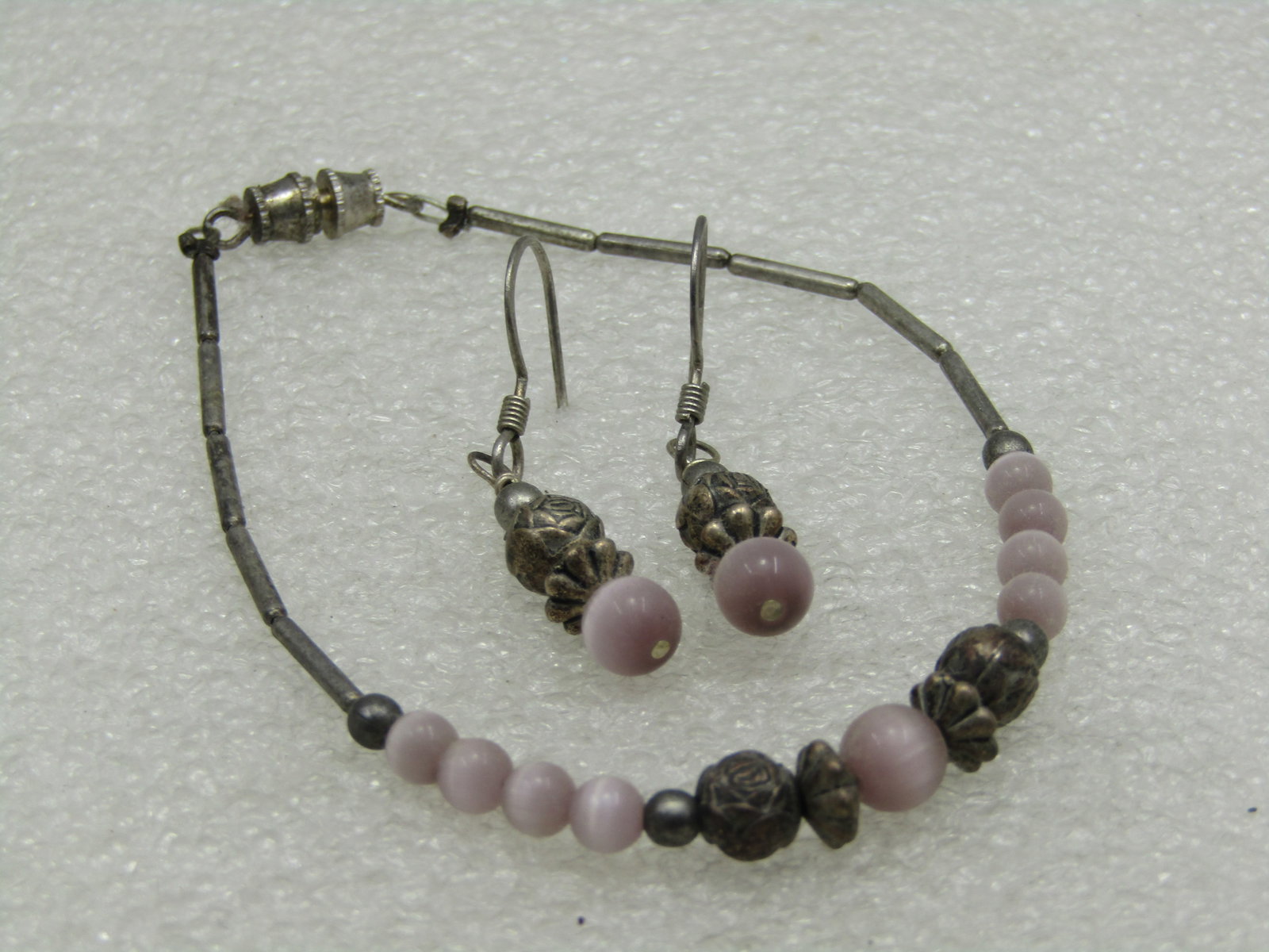 Vintage Boho Pink Moonstone Rose Beaded Bracelet, 7.5" - 7
