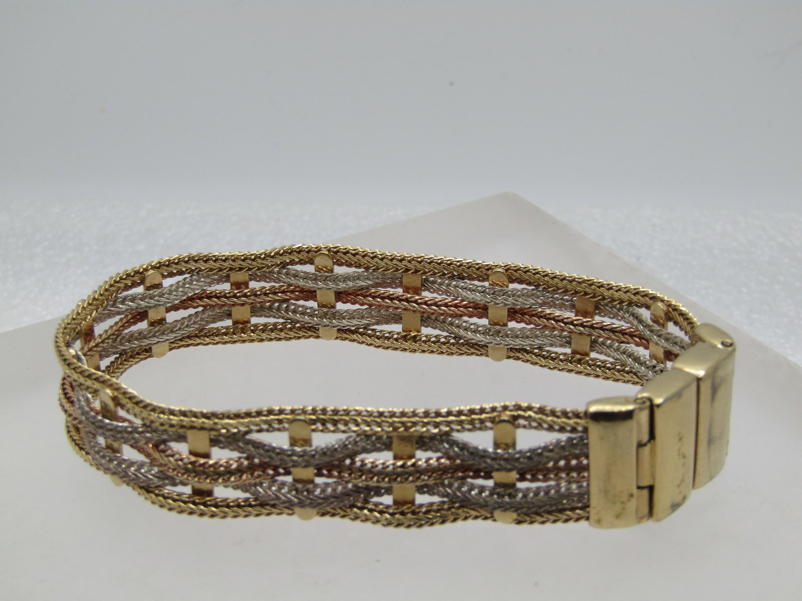 Vintage Monet Tri-Color Woven Bracelet, 7.5", Magnetic Clasp, 1980's - 2