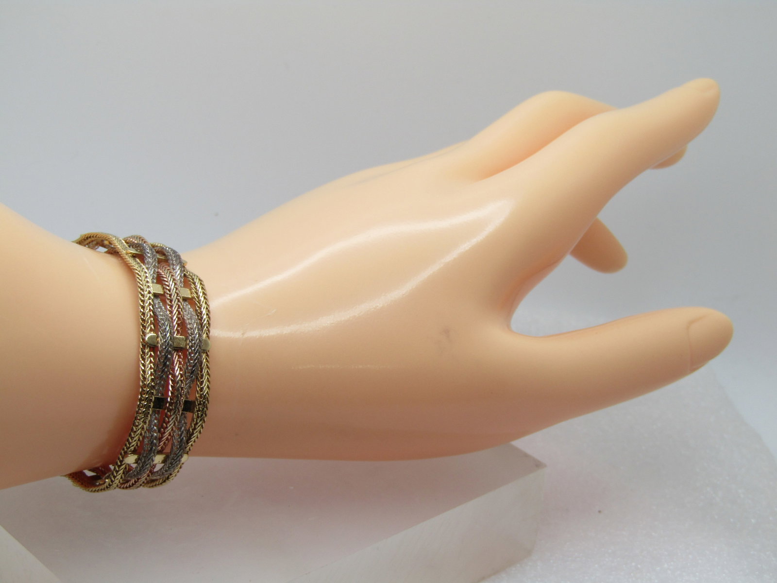 Vintage Monet Tri-Color Woven Bracelet, 7.5", Magnetic Clasp, 1980's - 7