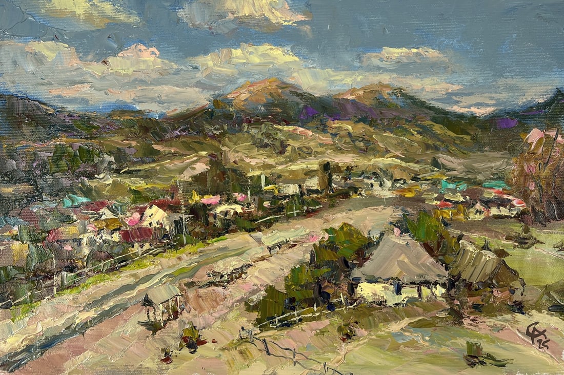 Oil painting Mountain village Sergey Ivanovich Animov: Title : Oil painting Mountain village Sergey Ivanovich Animov Description: 428DDD Painter: Sergey Ivanovich Animov Size: 26x39 cm/ 10.23x15.35 inches Components: canvas, oil Original painting from our