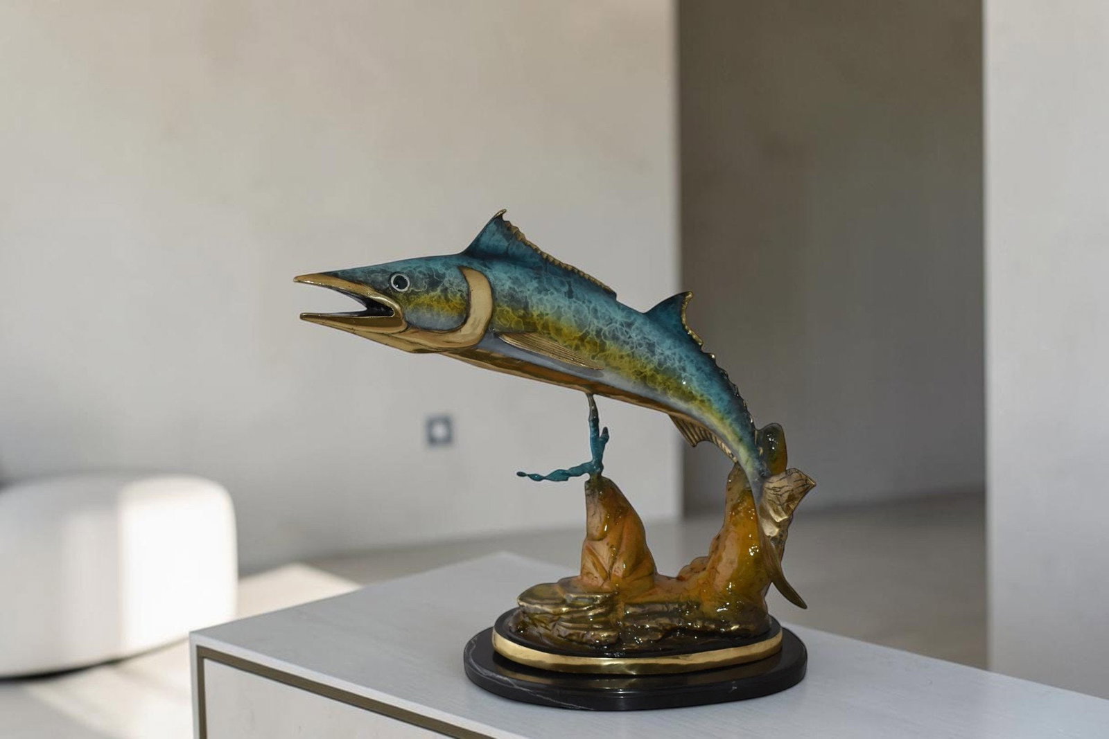 Wahoo Fish Swimming in The Ocean Bronze Statue Size: 17" x 25" x 20"H - 2