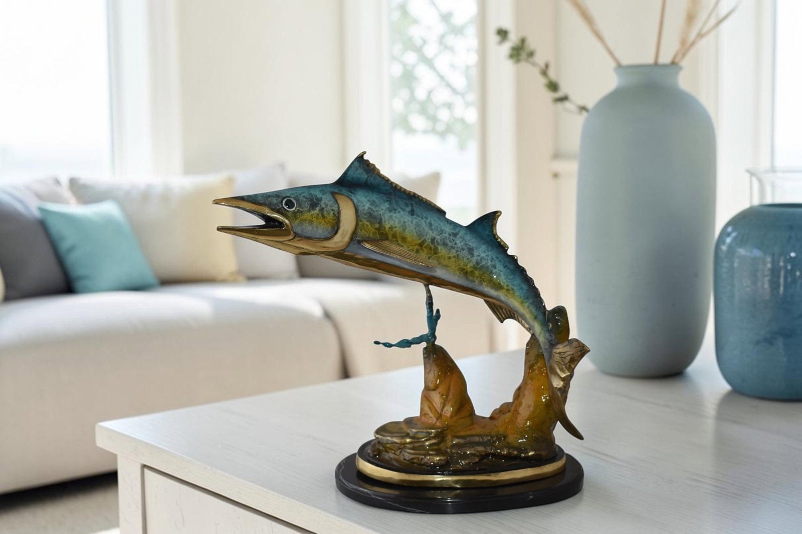 Wahoo Fish Swimming in The Ocean Bronze Statue Size: 17" x 25" x 20"H - 3