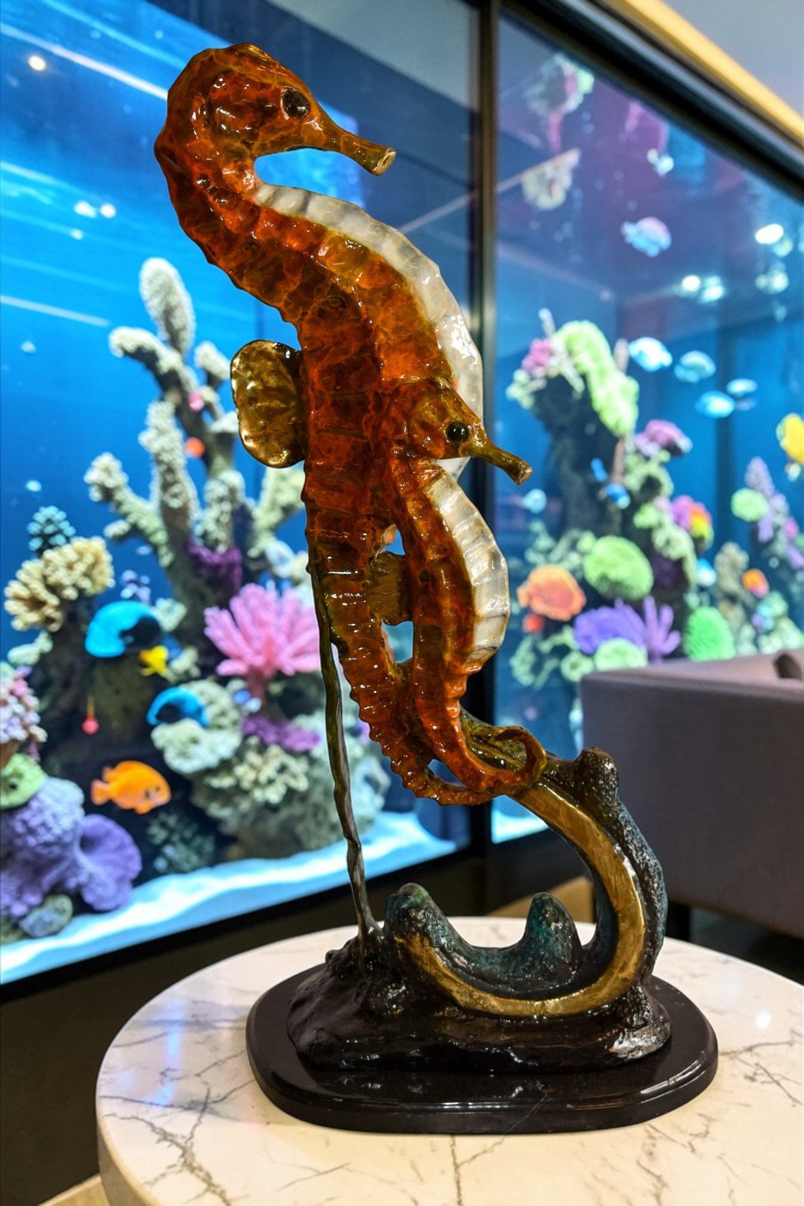 Two Sea Horses Swimming in the Ocean Colored Bronze Statue 13" x 9" x 28"H - 2