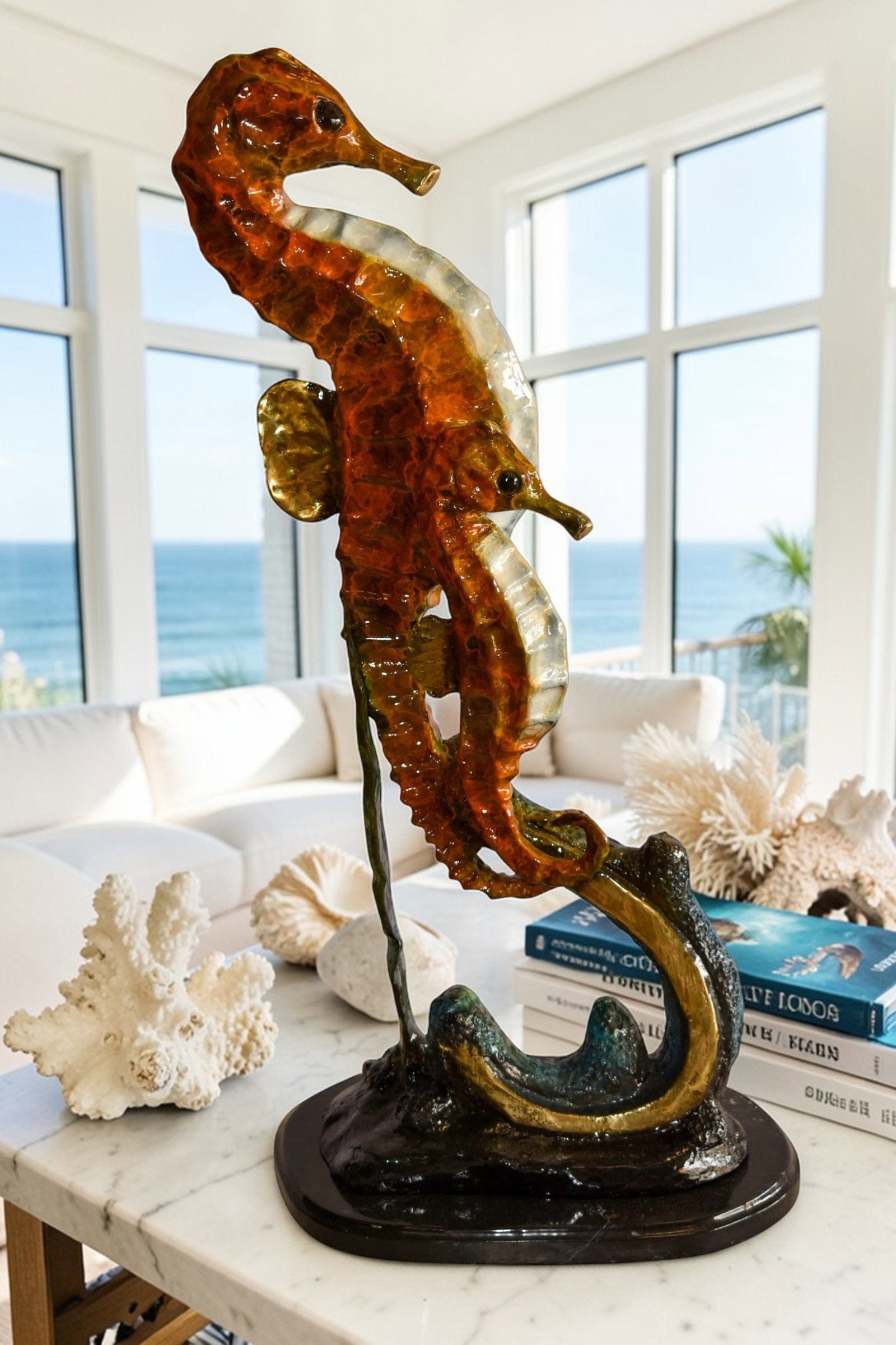 Two Sea Horses Swimming in the Ocean Colored Bronze Statue 13" x 9" x 28"H - 3