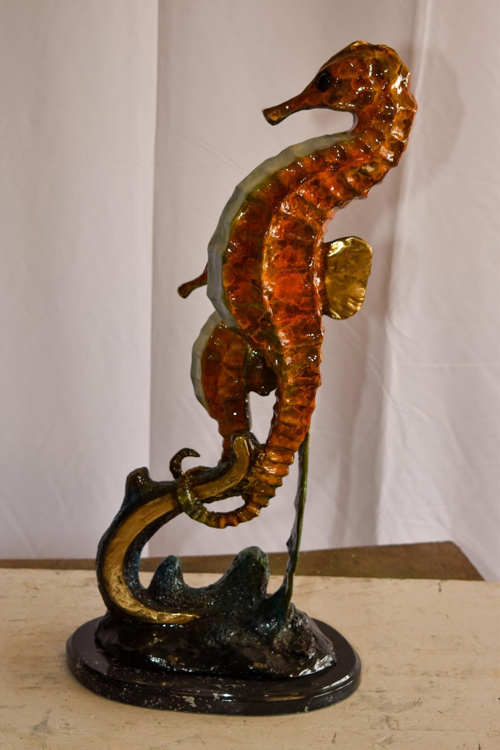 Two Sea Horses Swimming in the Ocean Colored Bronze Statue 13" x 9" x 28"H - 4