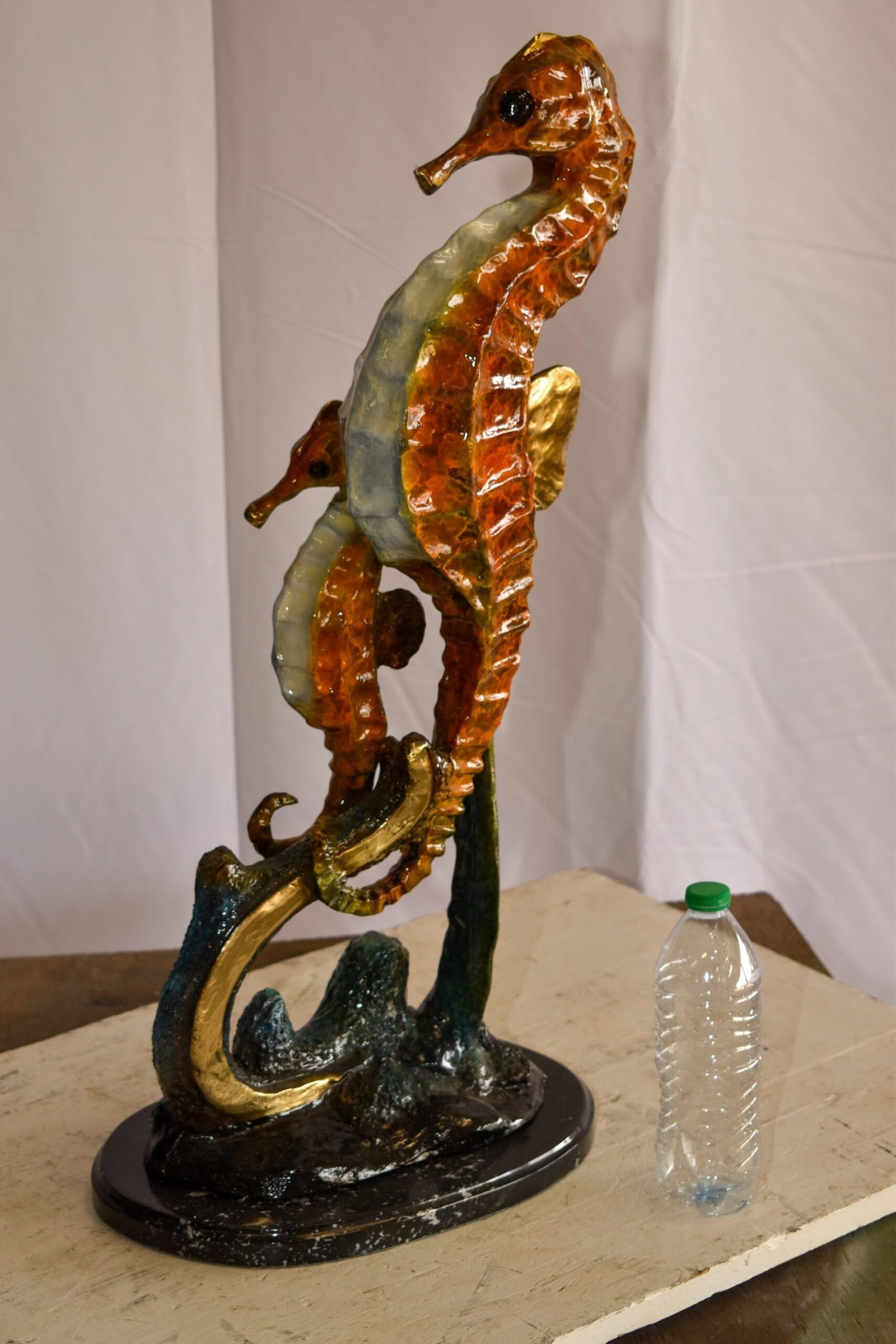 Two Sea Horses Swimming in the Ocean Colored Bronze Statue 13" x 9" x 28"H - 5