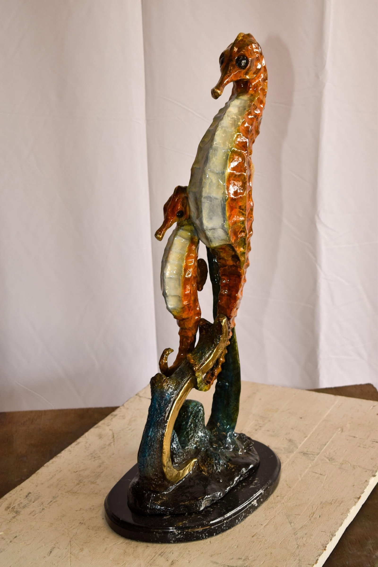 Two Sea Horses Swimming in the Ocean Colored Bronze Statue 13" x 9" x 28"H - 6