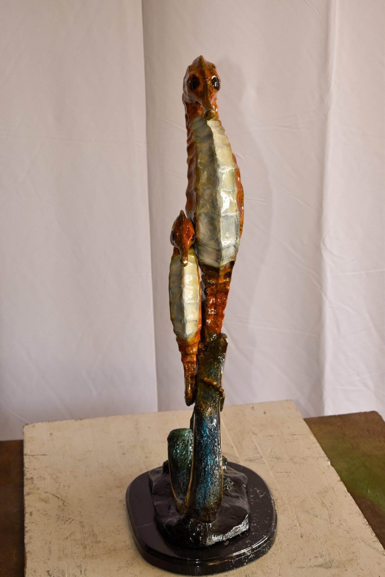 Two Sea Horses Swimming in the Ocean Colored Bronze Statue 13" x 9" x 28"H - 7