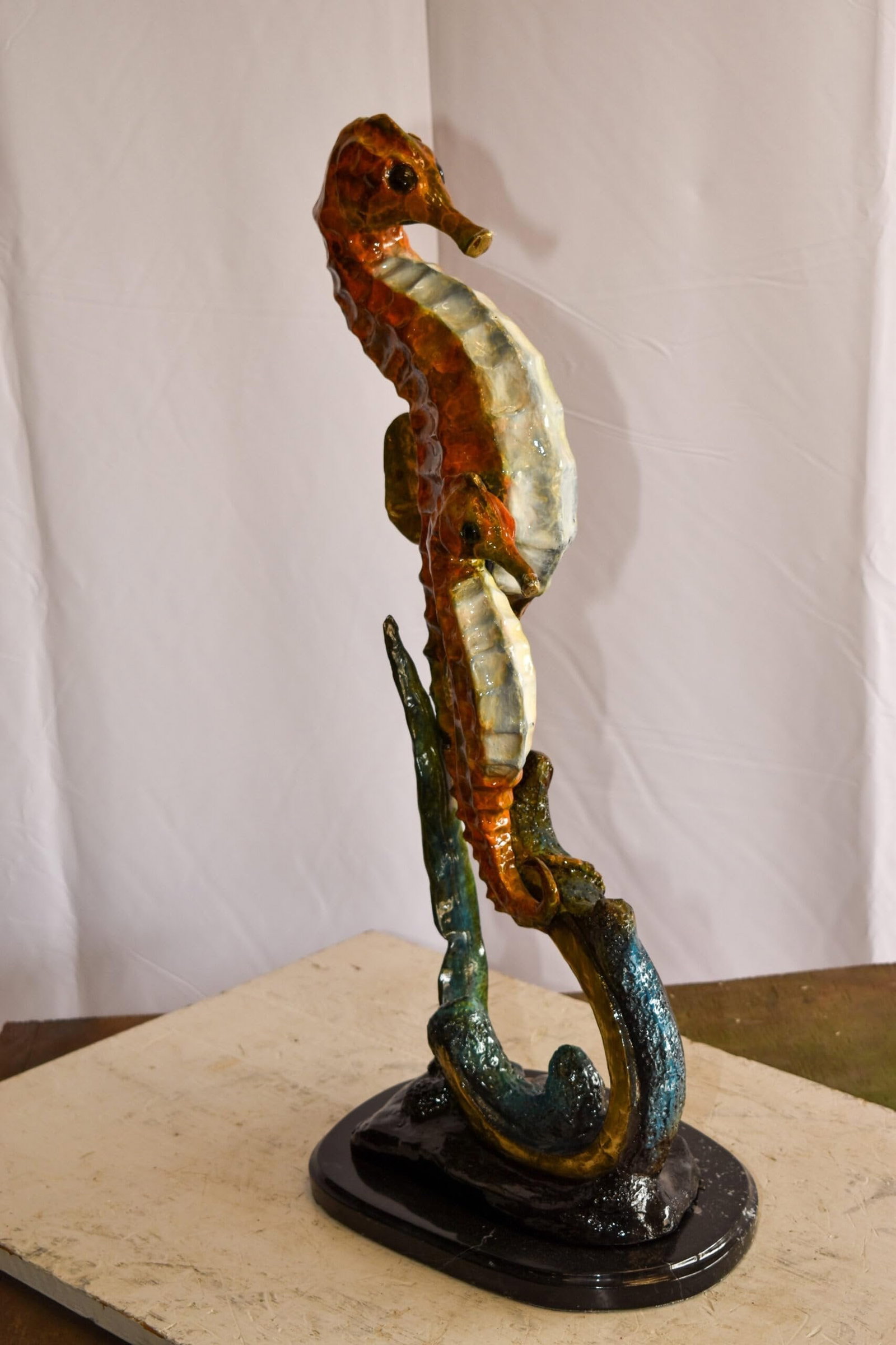 Two Sea Horses Swimming in the Ocean Colored Bronze Statue 13" x 9" x 28"H - 8